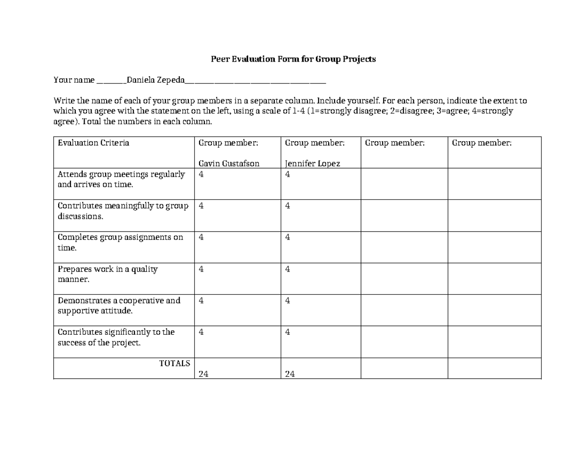 Peer evaluation - paper - Peer Evaluation Form for Group Projects Your ...