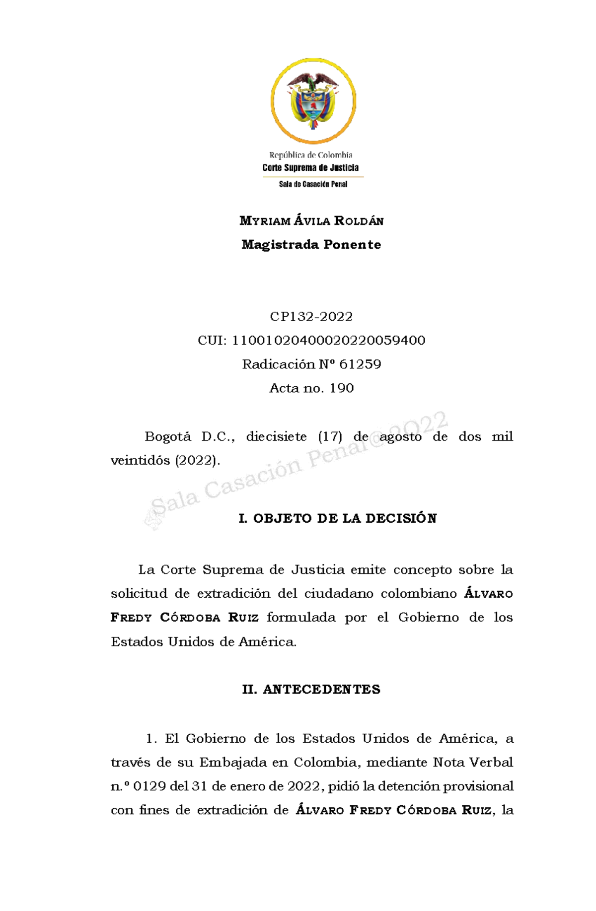 CP132-2022 - Sentencia - MYRIAM ÁVILA ROLDÁN Magistrada Ponente CP132