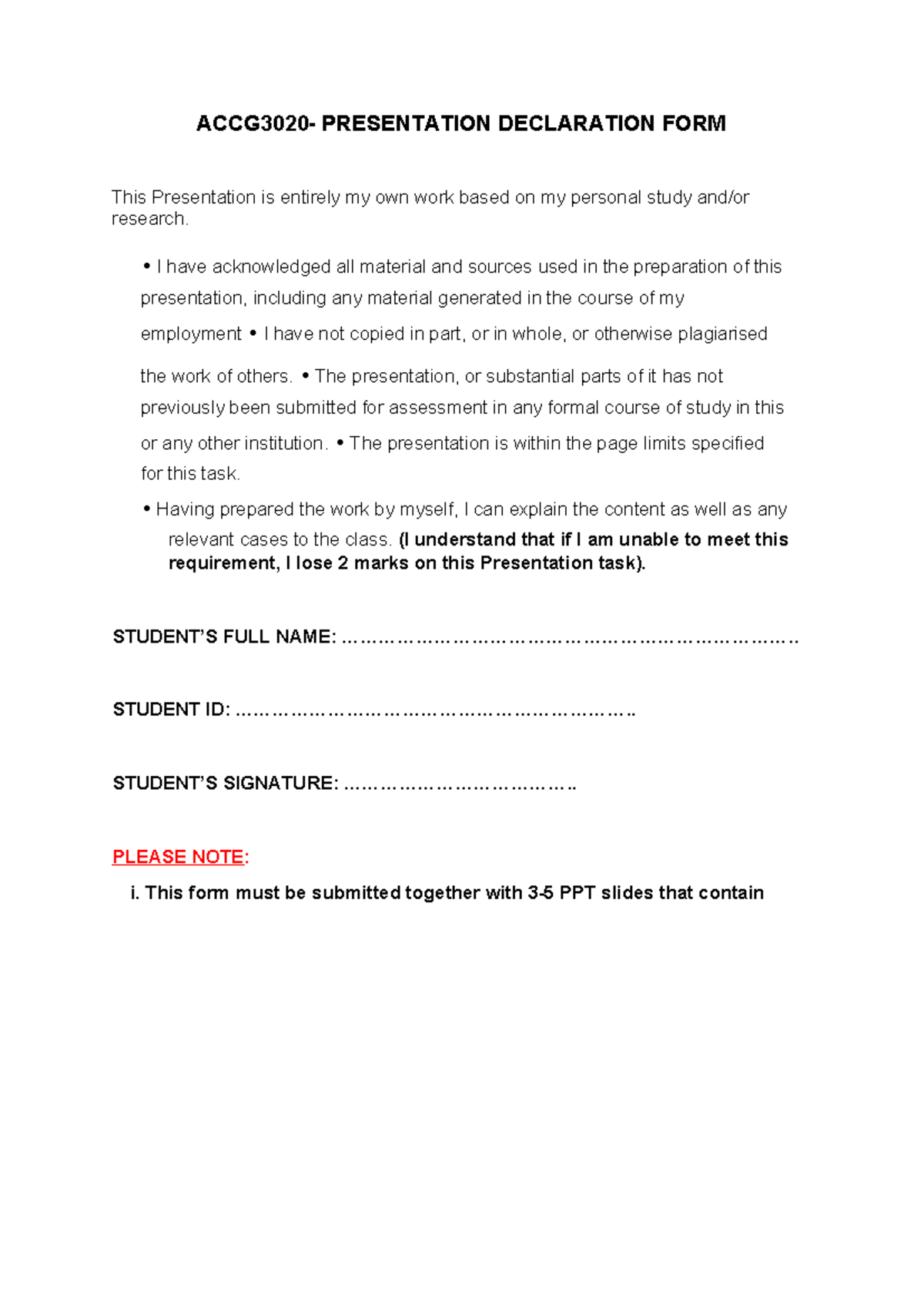 Declaration Form - ACCG3020- PRESENTATION DECLARATION FORM This ...