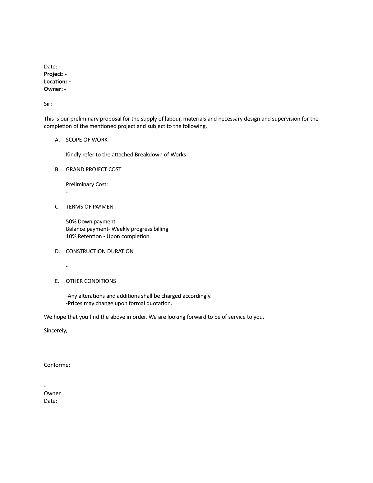 Project Proposal Letter Sample BLank - Date: - Project: - Location ...