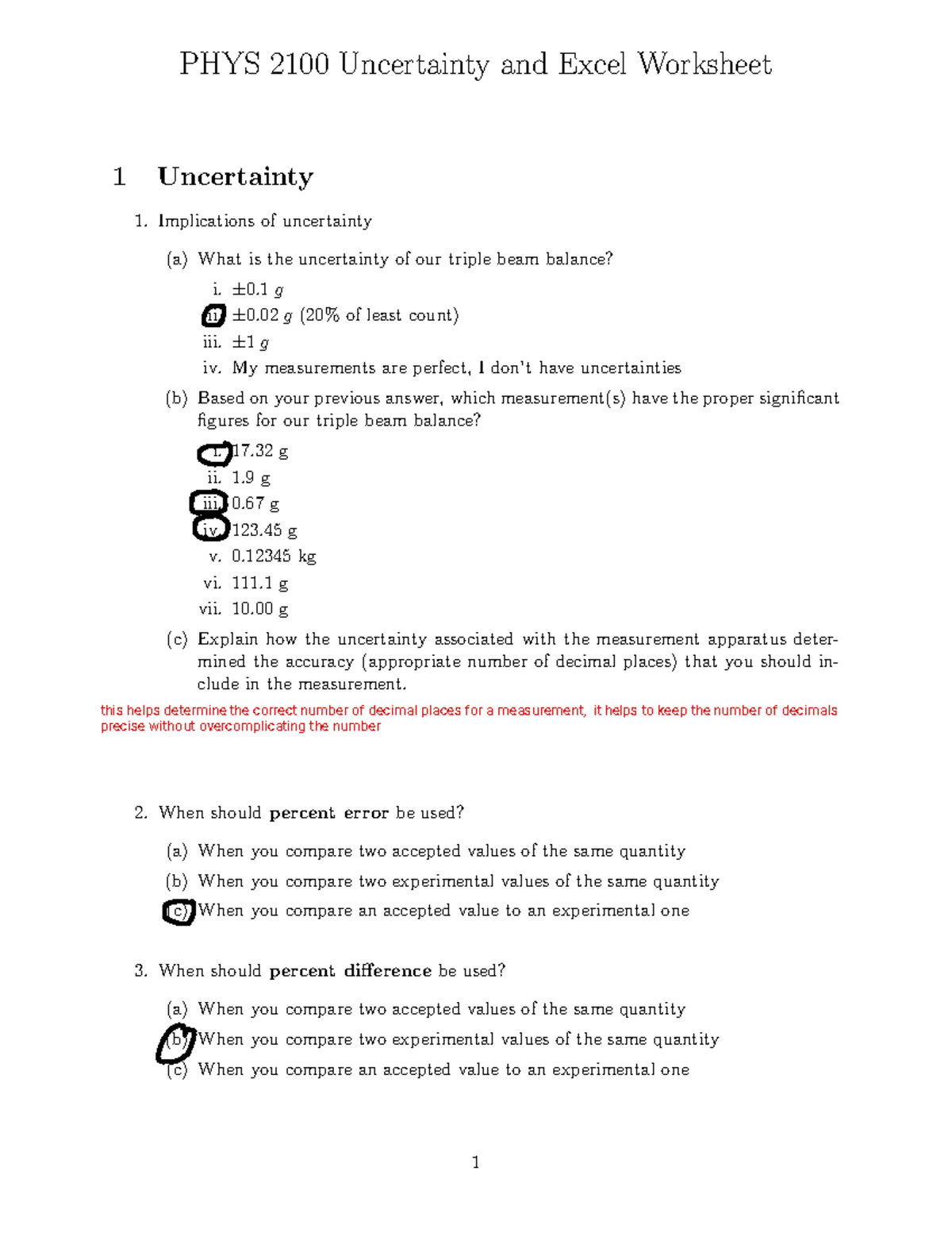 PHYS 2100 Uncertainty and Excel Worksheet - ± 0. 1 g ii. ± 0. 02 g (20% ...