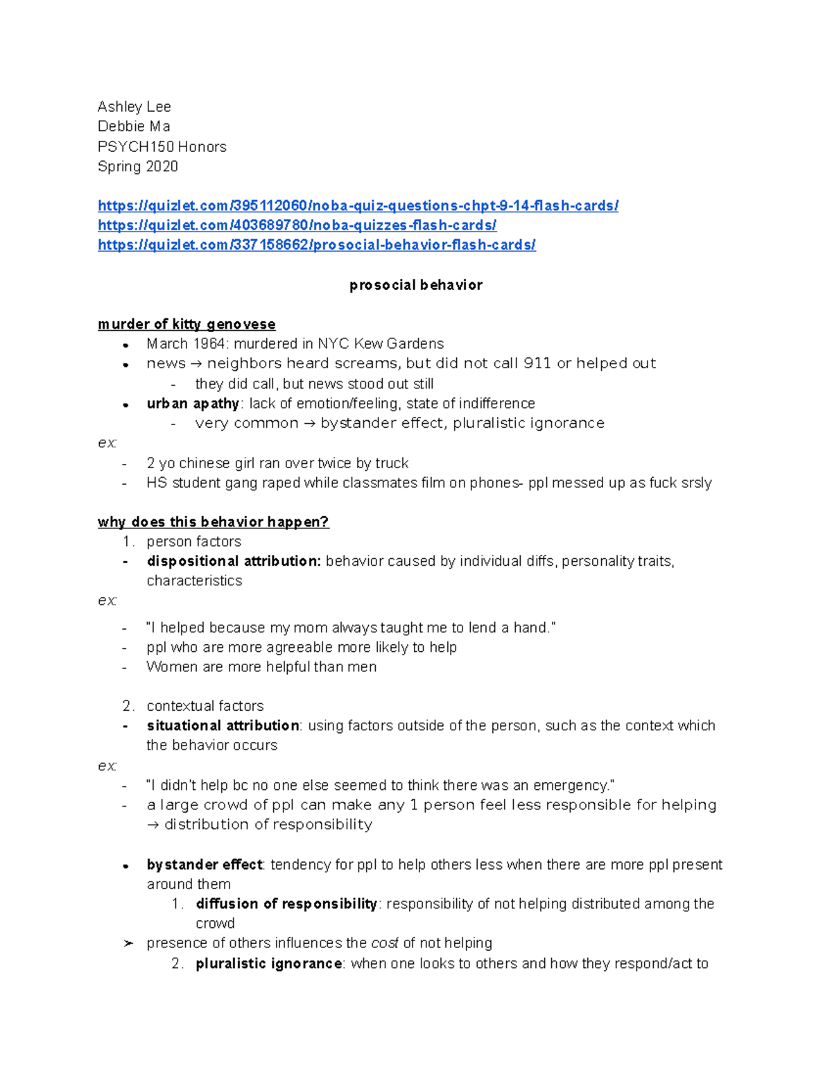 Prosocial Behavior Notes - Ashley Lee Debbie Ma PSYCH150 Honors Spring ...