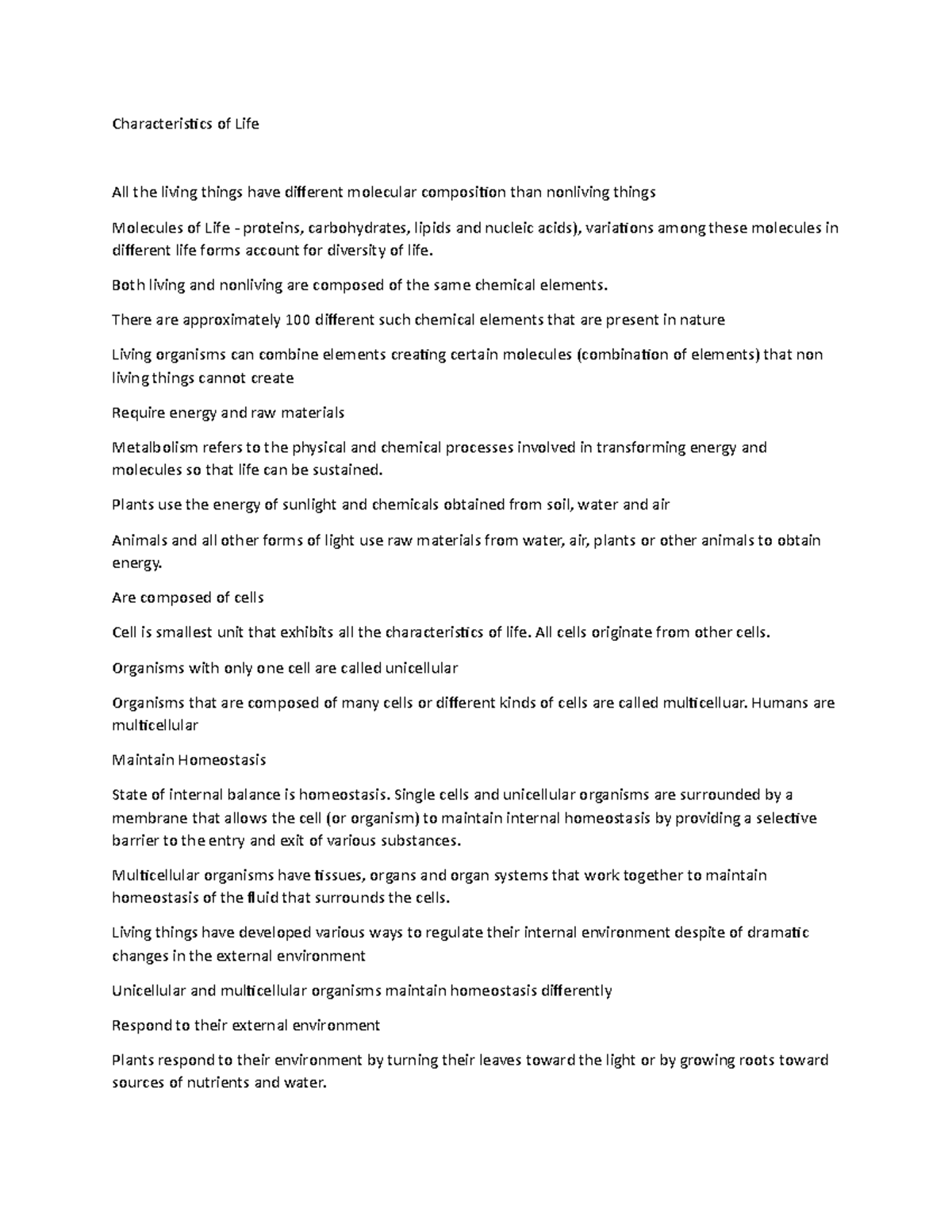 Characteristics of Life - Biol 2040 - Memorial University - Studocu