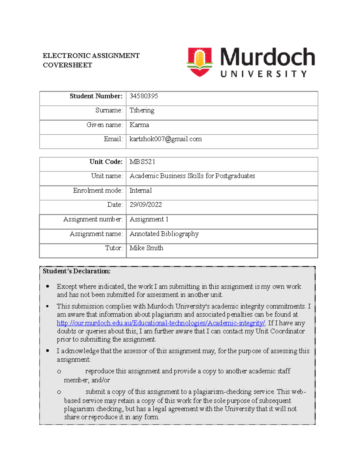 Anotated Biblography(34580395) - ELECTRONIC ASSIGNMENT COVERSHEET ...