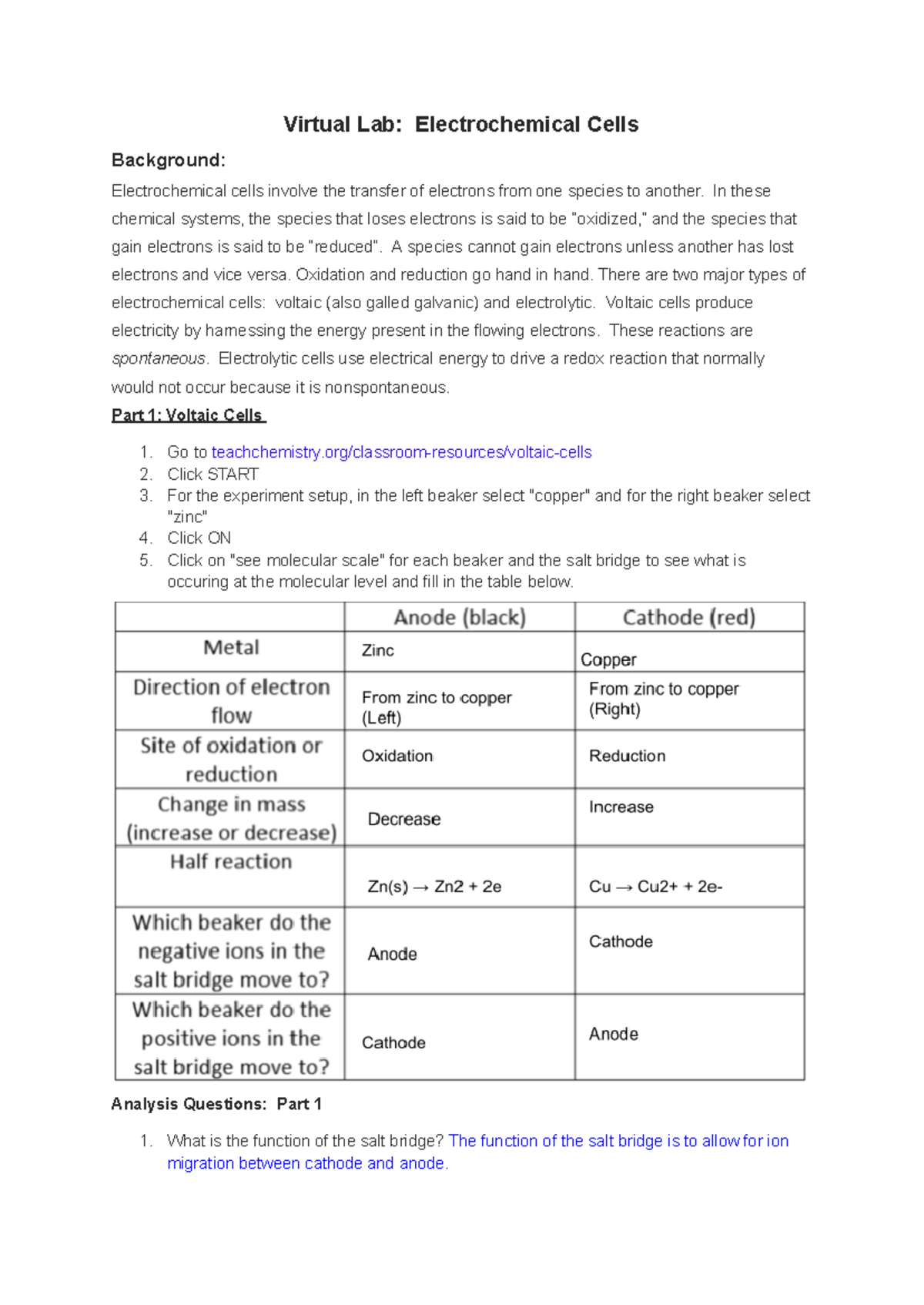 Virtual Lab Electrochemical Cells Virtual Lab Electrochemical Cells