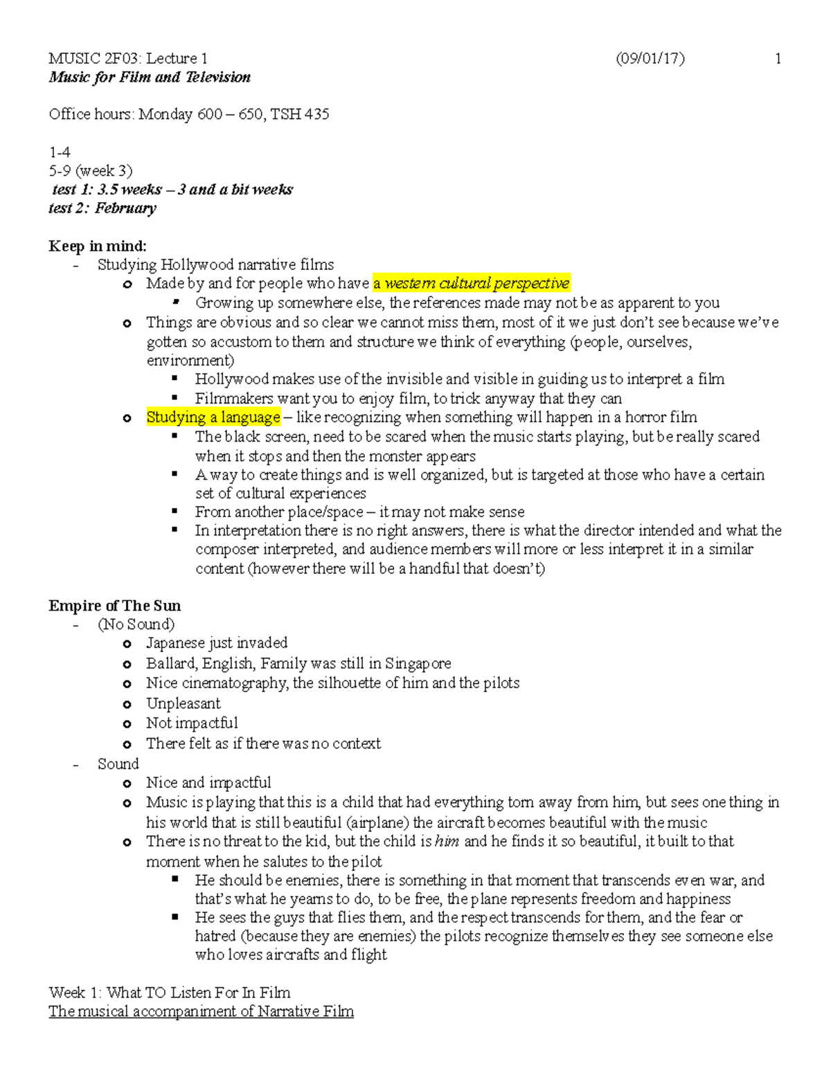 Music 2f03 1 - Lecture notes 1 - MUSIC 2F03: Lecture 1 Music for Film ...