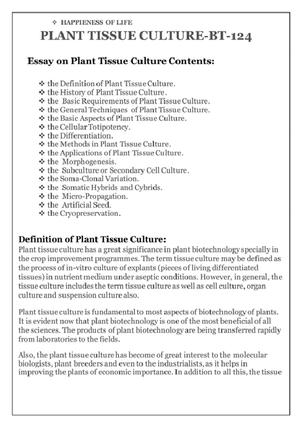 write an essay on plant tissue culture