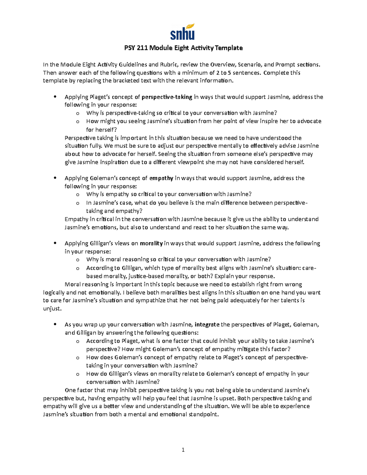 PSY 211 Module Eight Activity Template Then answer each of the