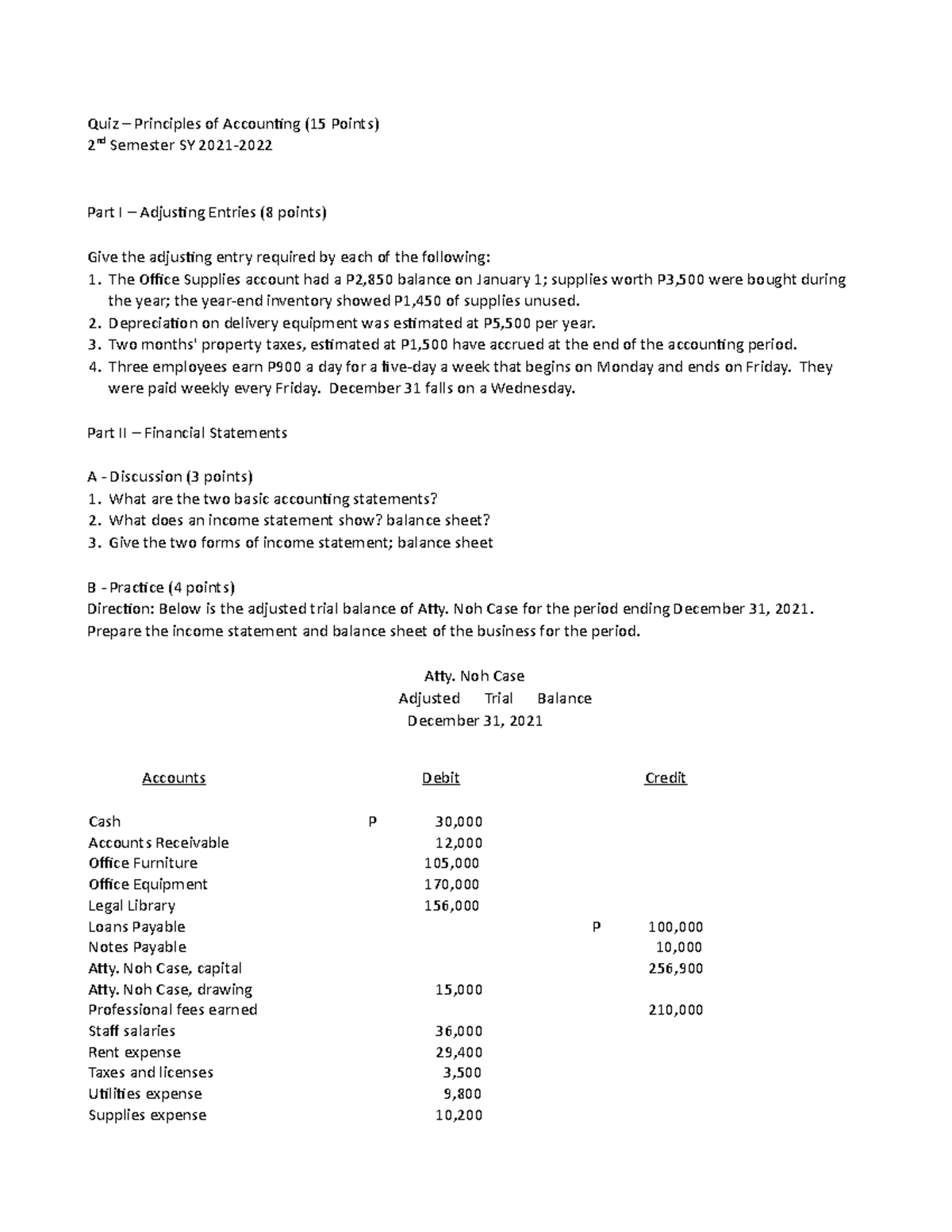 Quiz Principles of Accounting - Quiz – Principles of Accounting (15 ...