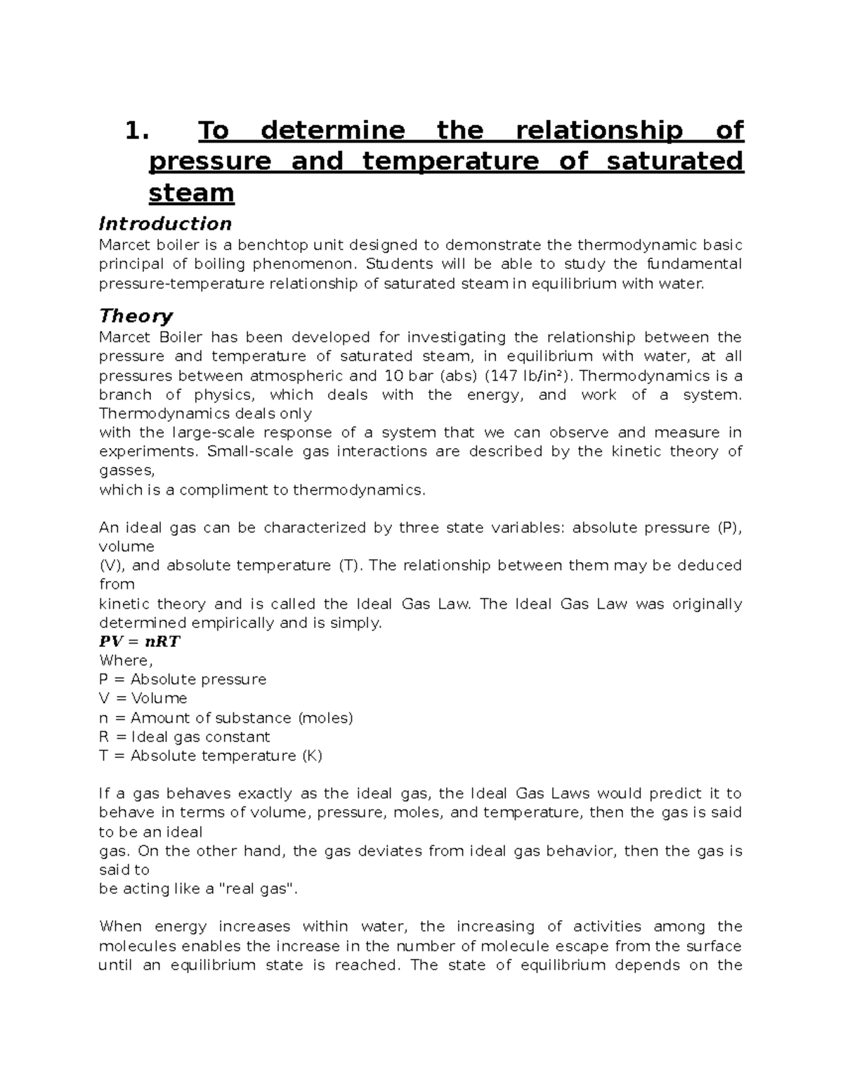 Exp 1 and 2 - Thermodynamic lab - Applied Thermodynamics - SU - Studocu