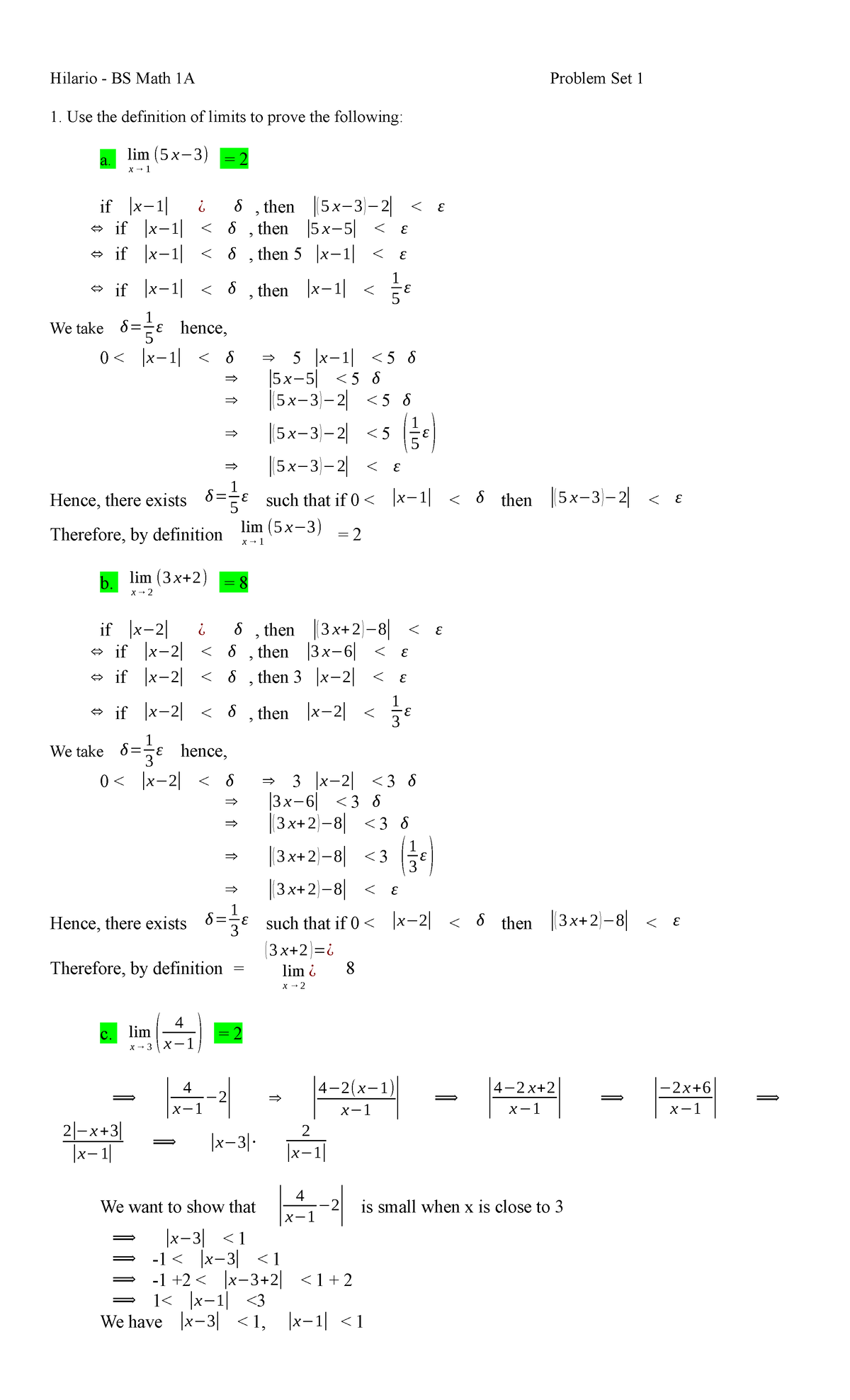 Calculus 1 Problem Set 1 - Definition of Limits - Calculus 1 - PangSU ...