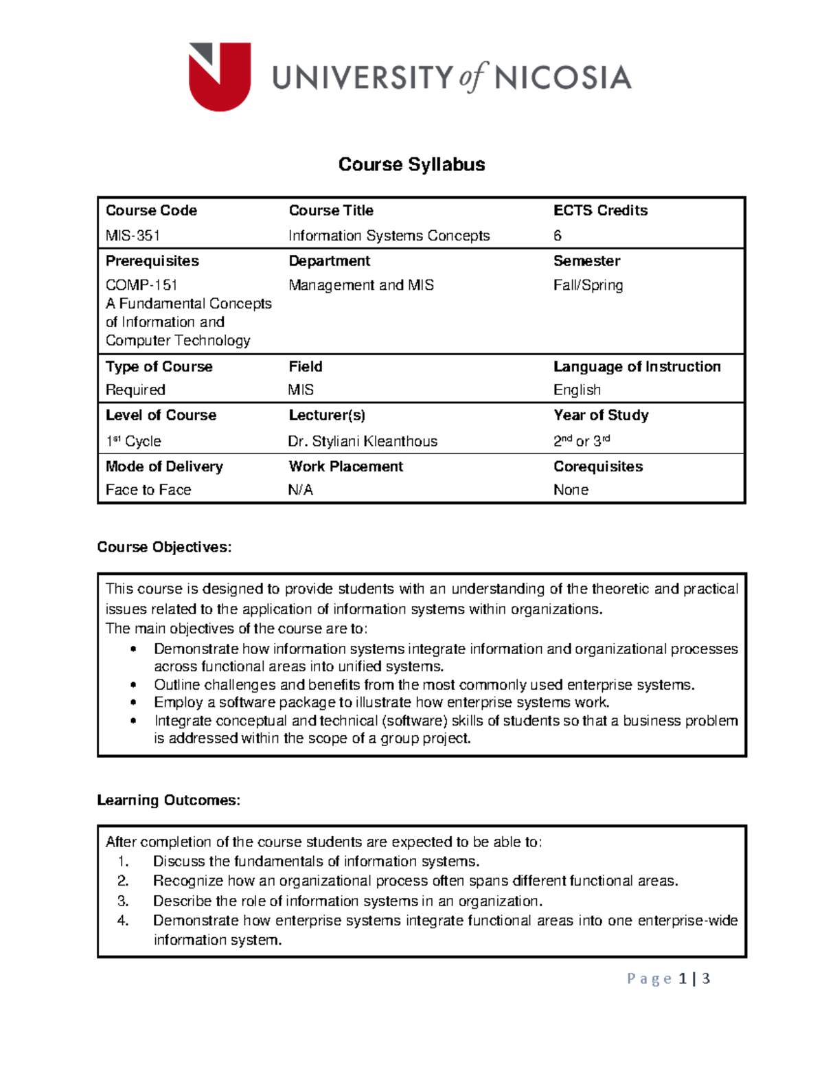 MIS-351 - N/A - Page 1 | 3 Course Syllabus Course Code Course Title ...