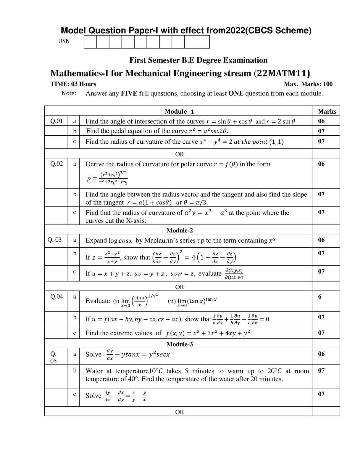 22MATM11set1 - Model Question Paper-I With Effect From2022(CBCS Scheme ...