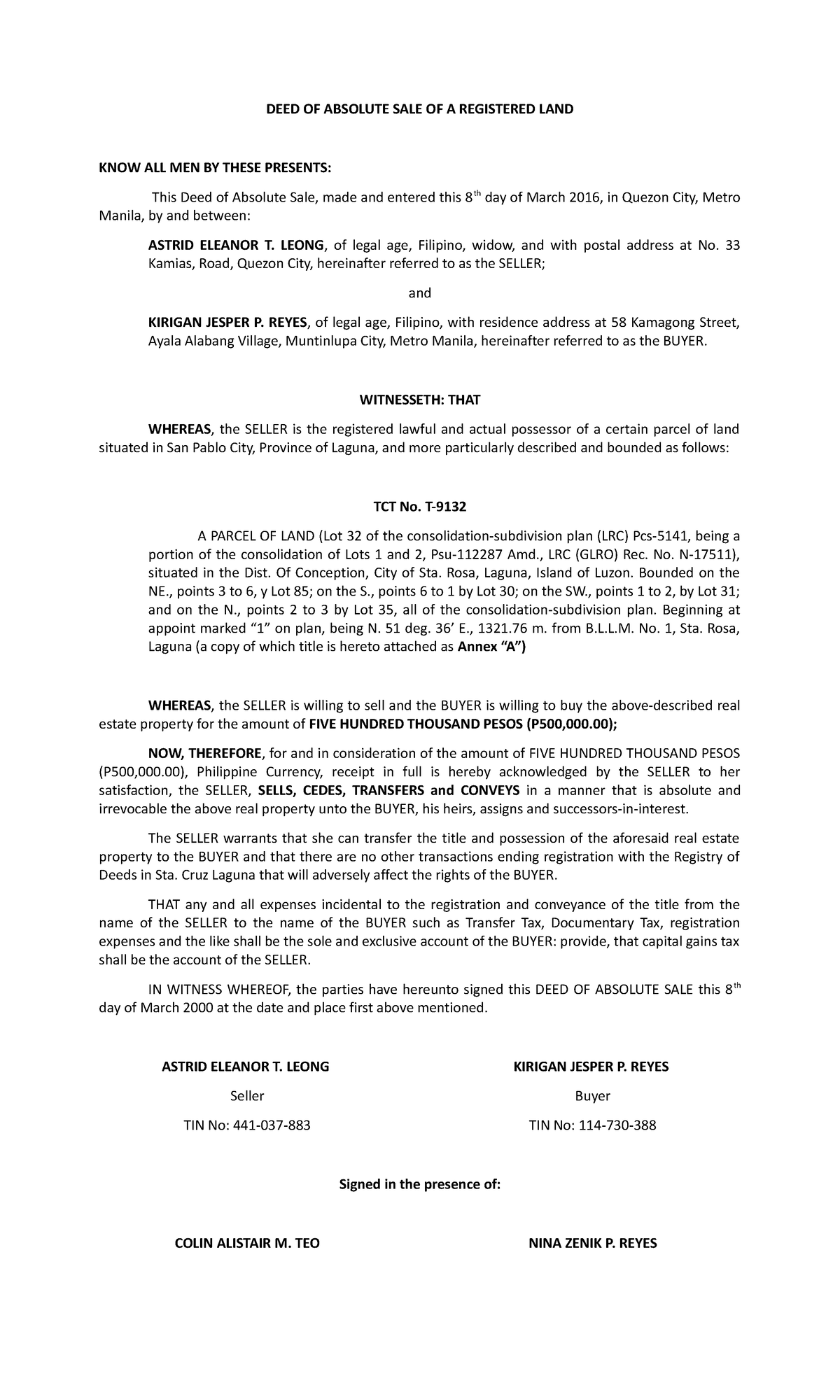 Absolute sale of registered land deed of absolute sale of a