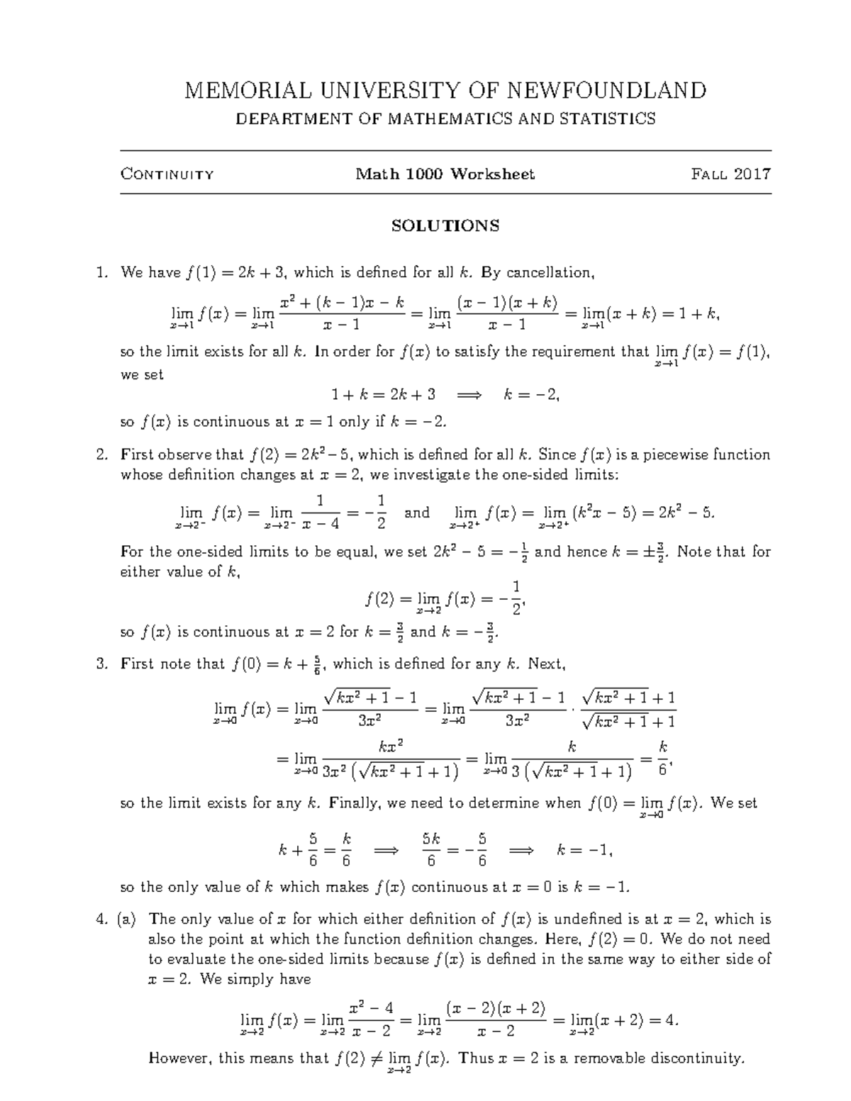 Soln2w - worksheet 2 with solutions - MEMORIAL UNIVERSITY OF ...