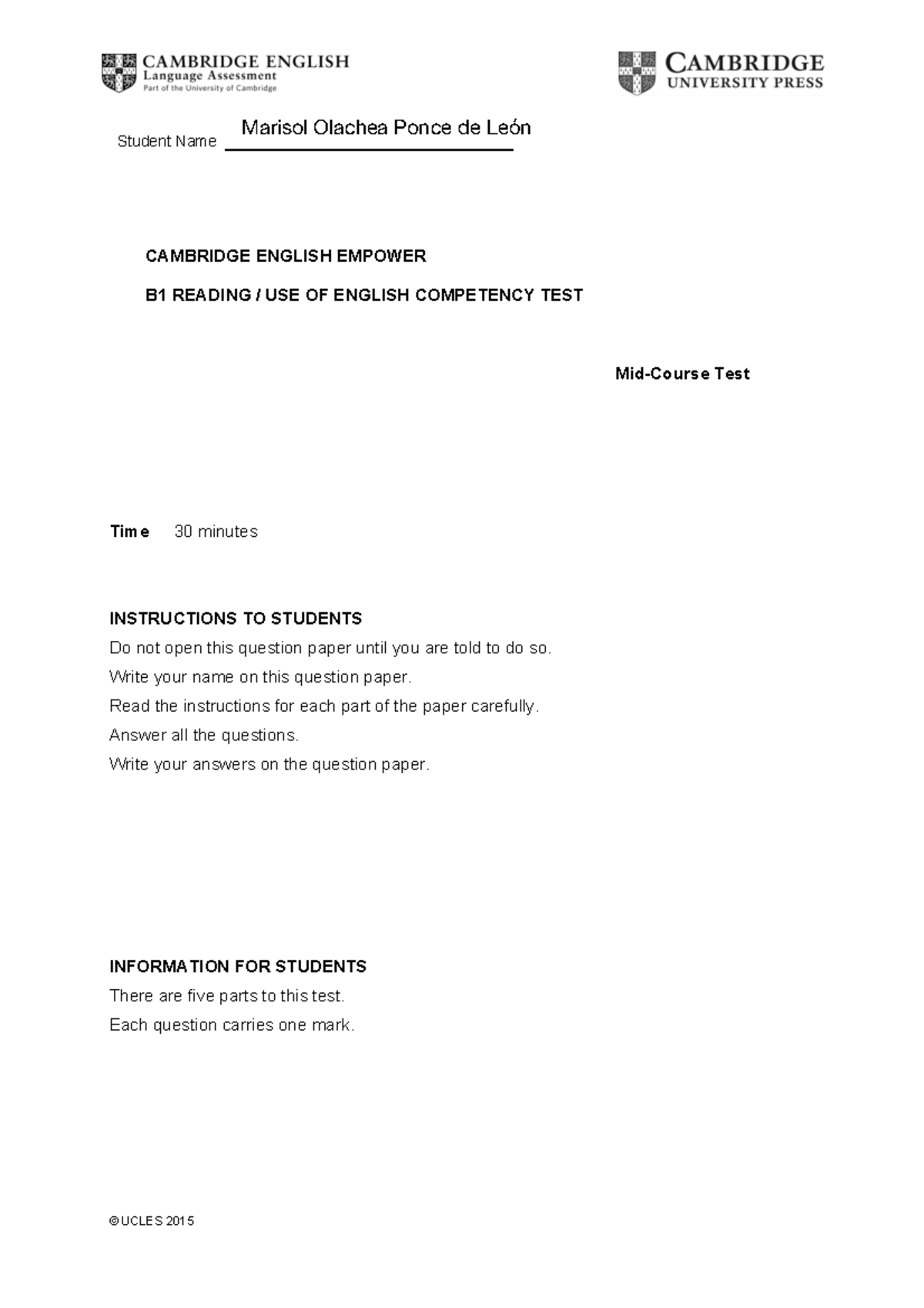 Competency test Emp B1A - Student Name CAMBRIDGE ENGLISH EMPOWER B1 ...