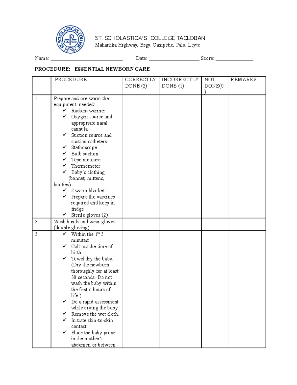 Essential Newborn CARE - ST. SCHOLASTICA’S COLLEGE TACLOBAN Maharlika ...