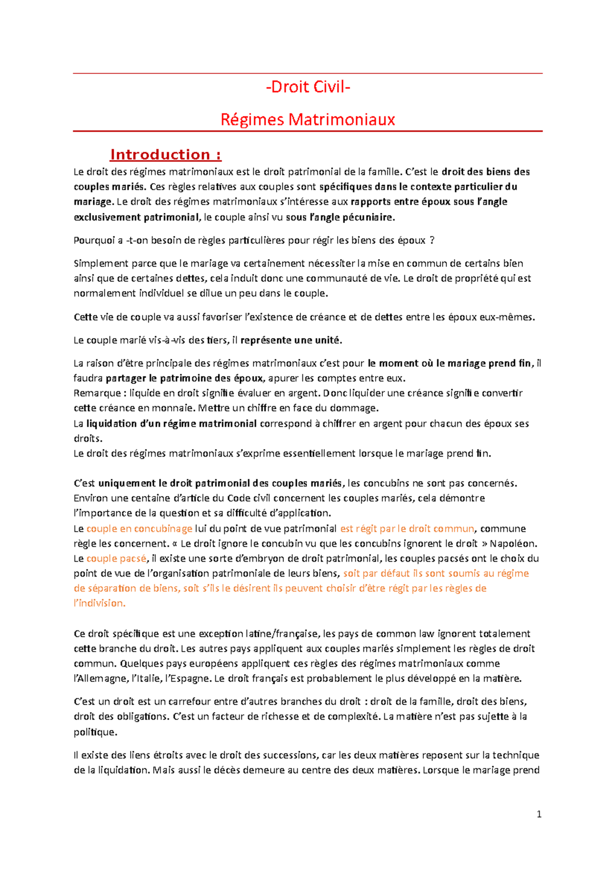 Coursle régime primaire Droit Civil Régimes Matrimoniaux