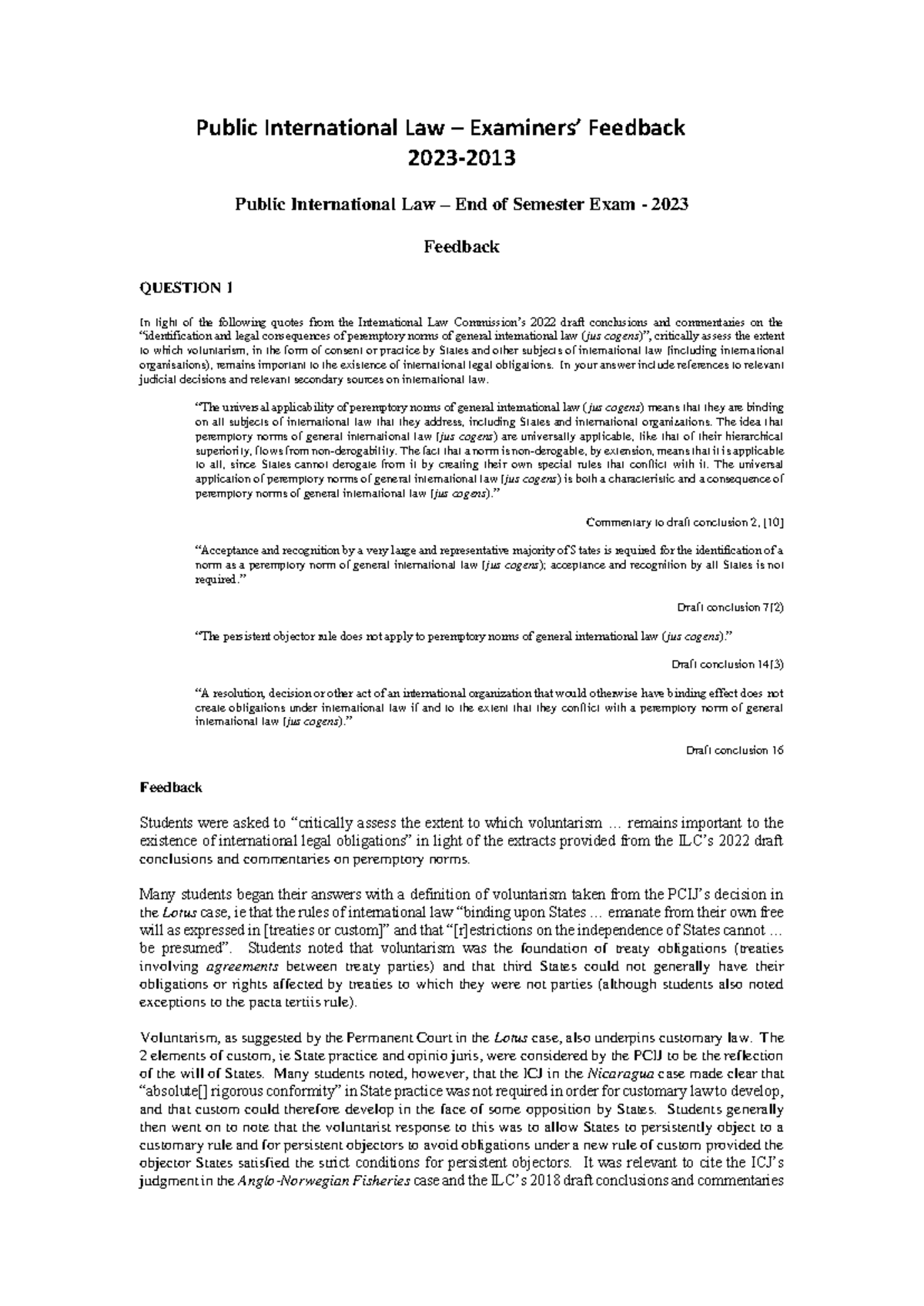 Exam Feedback 2023-2013 - Public International Law – Examiners ...
