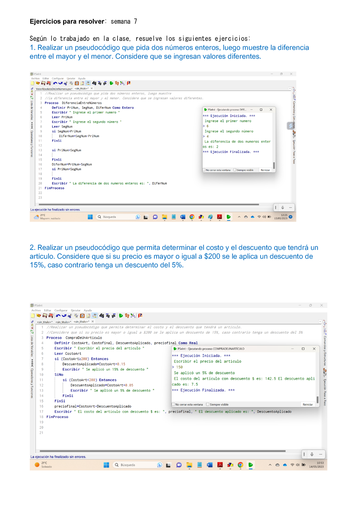 Algoritmos Ejercicios Para Resolver Semana 7 Ejercicios Para Resolver