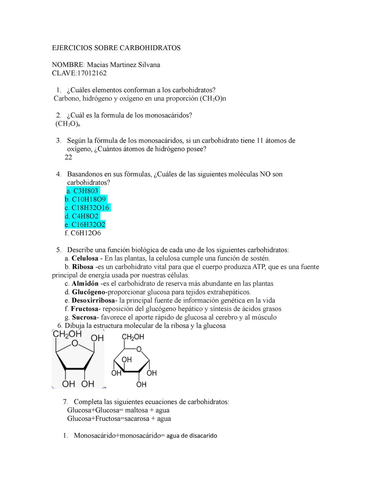 Ejercicios Sobre Carbohidratos - EJERCICIOS SOBRE CARBOHIDRATOS NOMBRE ...