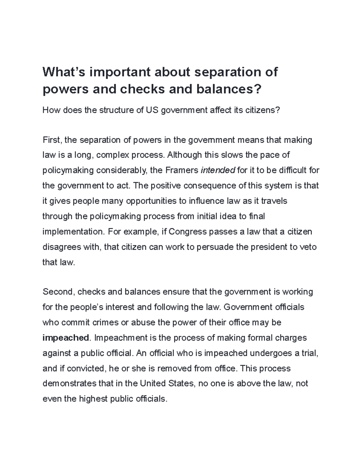 separation of powers and checks and balances essay