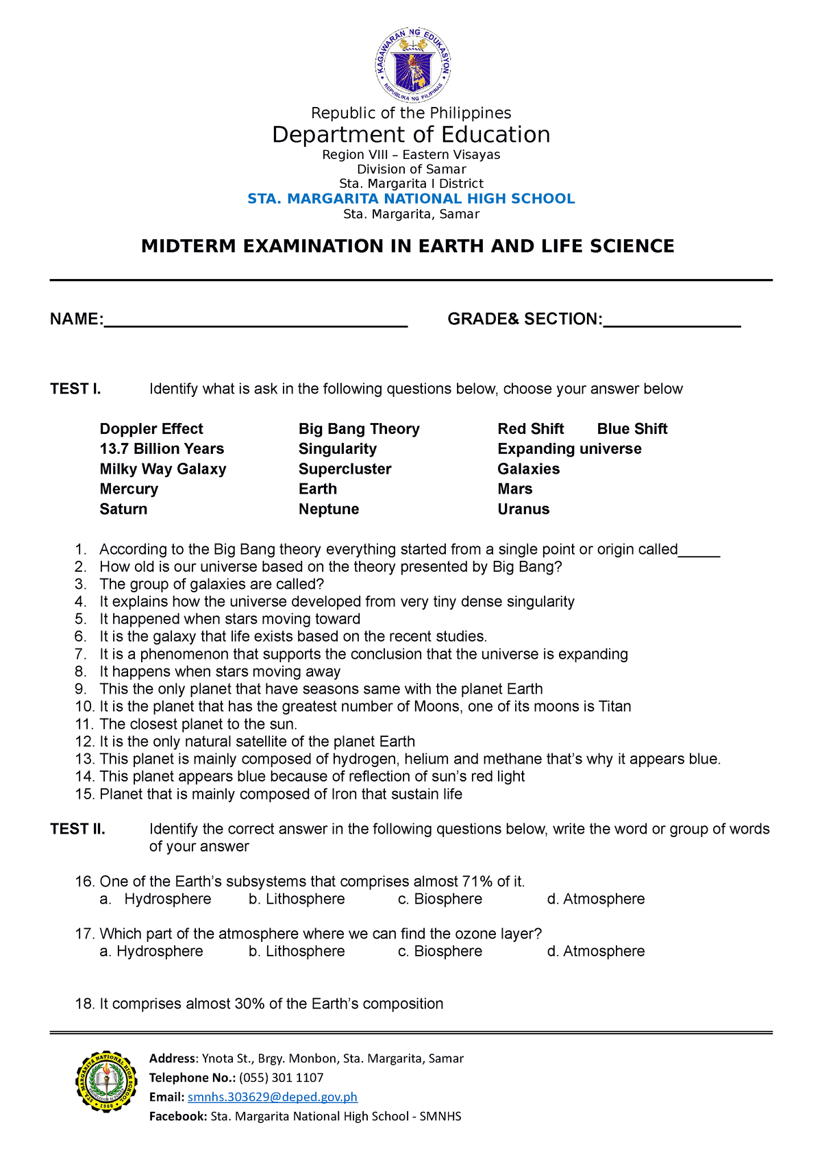 Earth And Life Science Midterm Exam - Republic Of The Philippines ...