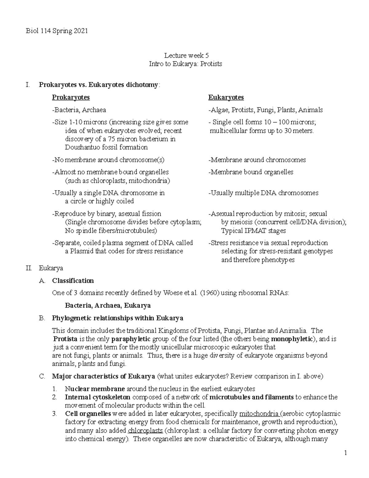 Lecture week 5 (3-8) - Notes Intro to Eukarya, protists - Biol 114 ...