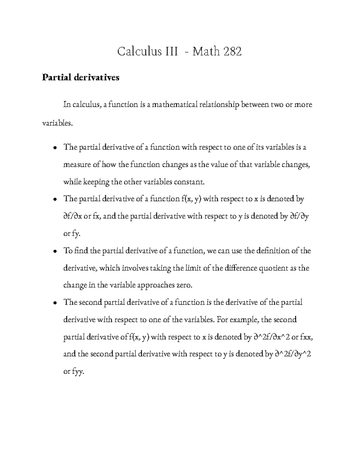 Math 282 Calc 3 Partial Derivatives Lesson Summary and StepByStep