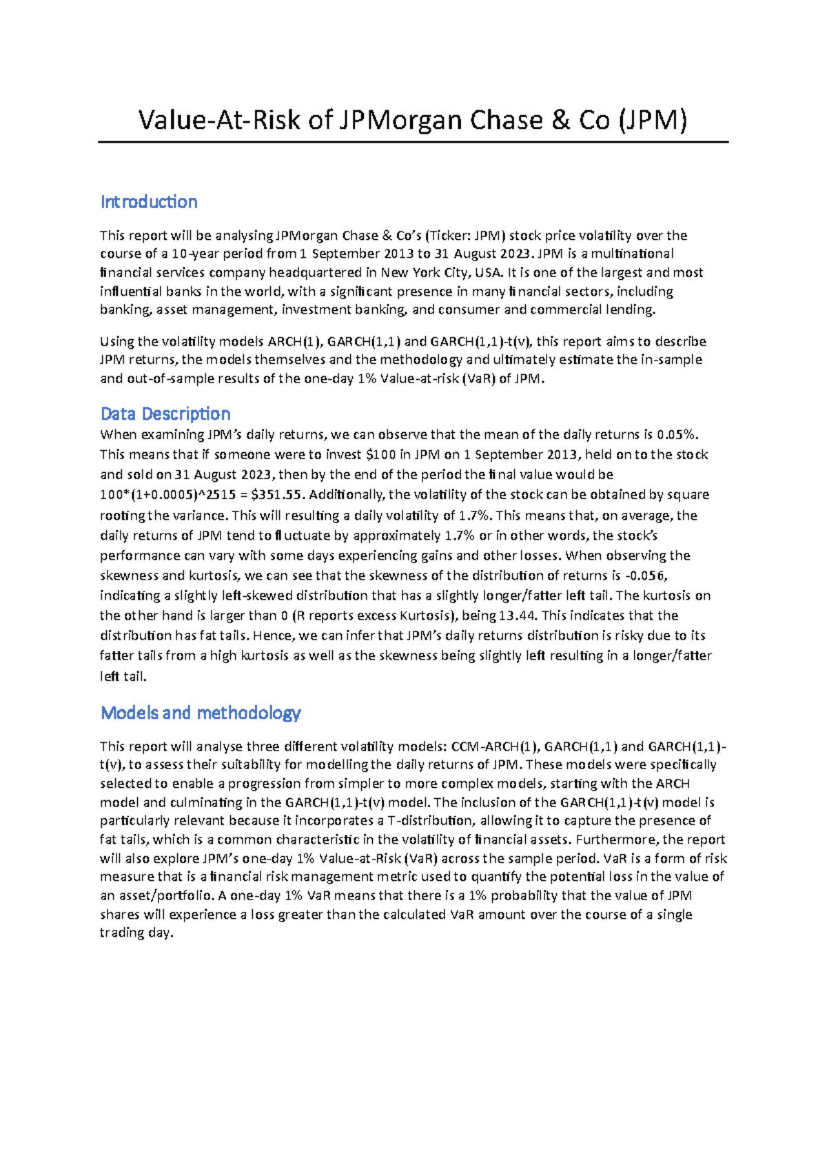 Assignment 2 volatility report JPM - Value-At-Risk of JPMorgan Chase ...