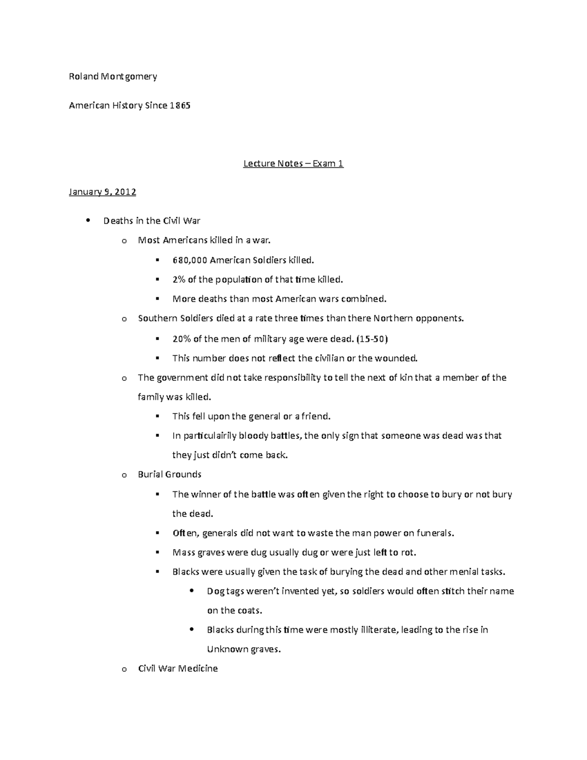 Exam 1 Notes - Roland Montgomery American History Since 1865 Lecture ...