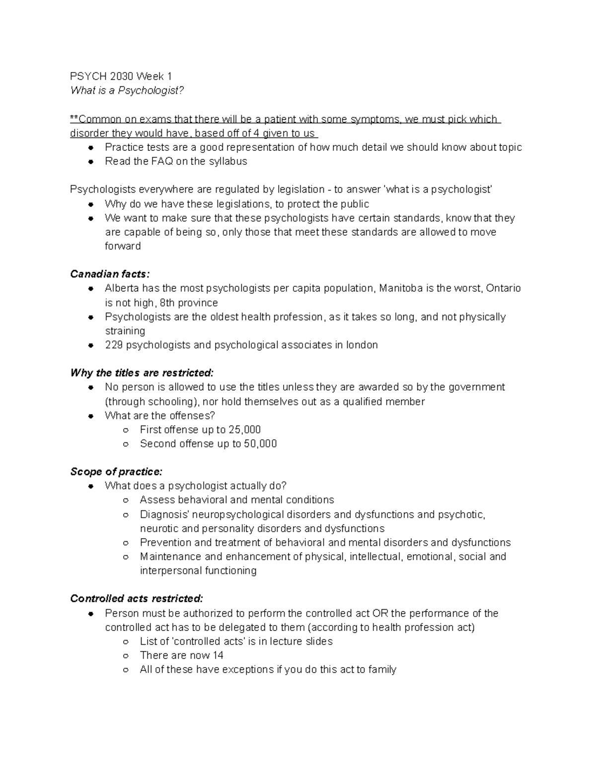 Psych 2030 Week 1 - Lecture notes - week 1 - PSYCH 2030 Week 1 What is ...