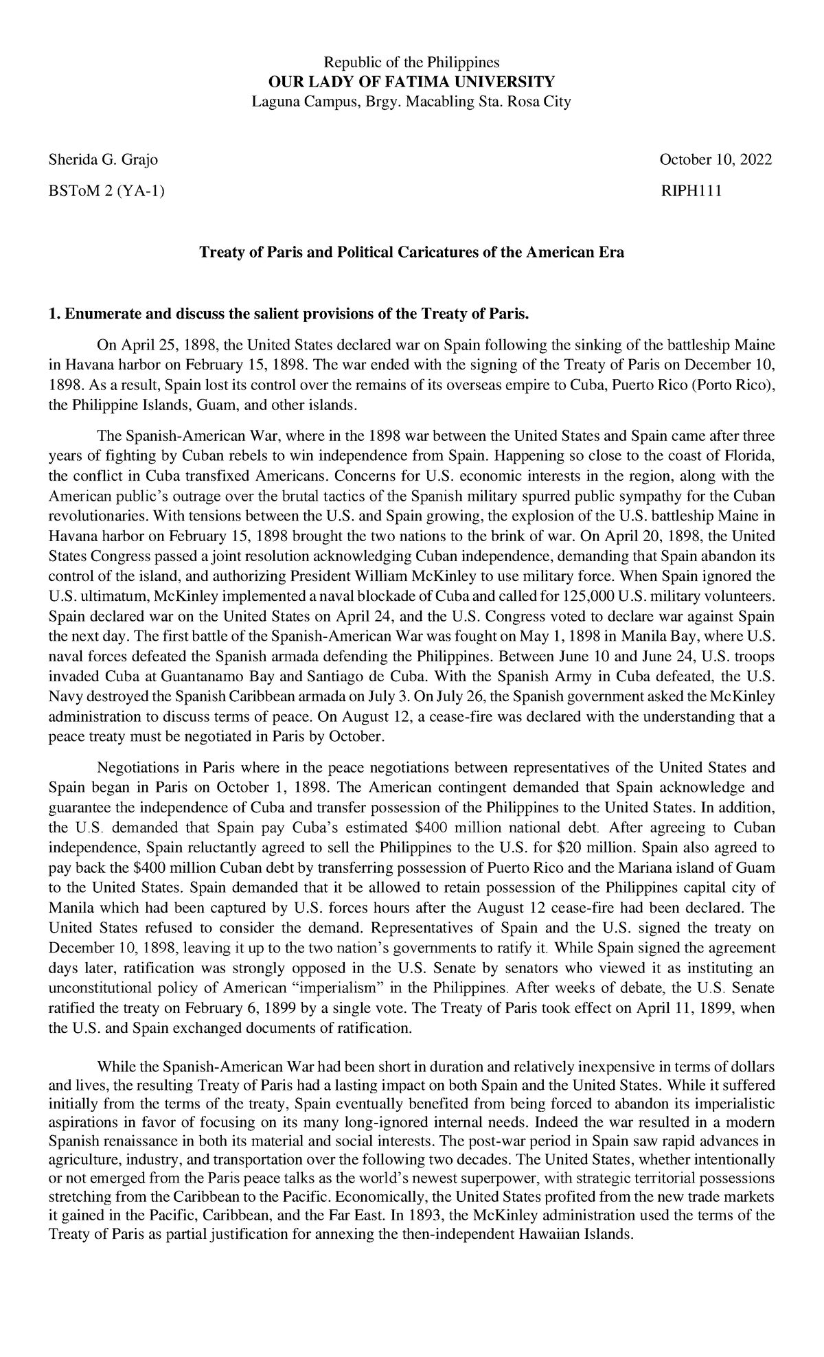 Treaty of Paris (RIPH) - Republic of the Philippines OUR LADY OF FATIMA ...