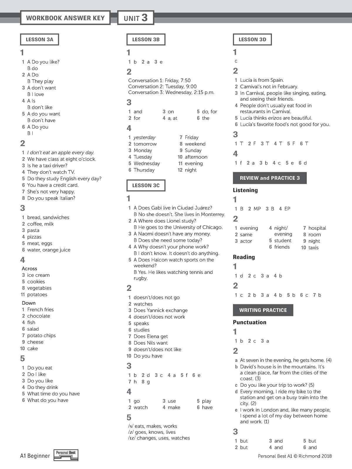 A1 Work Book Answers Unit-3 - LESSON 3A 1 1 A Do You Like? B Do 2 A Do ...