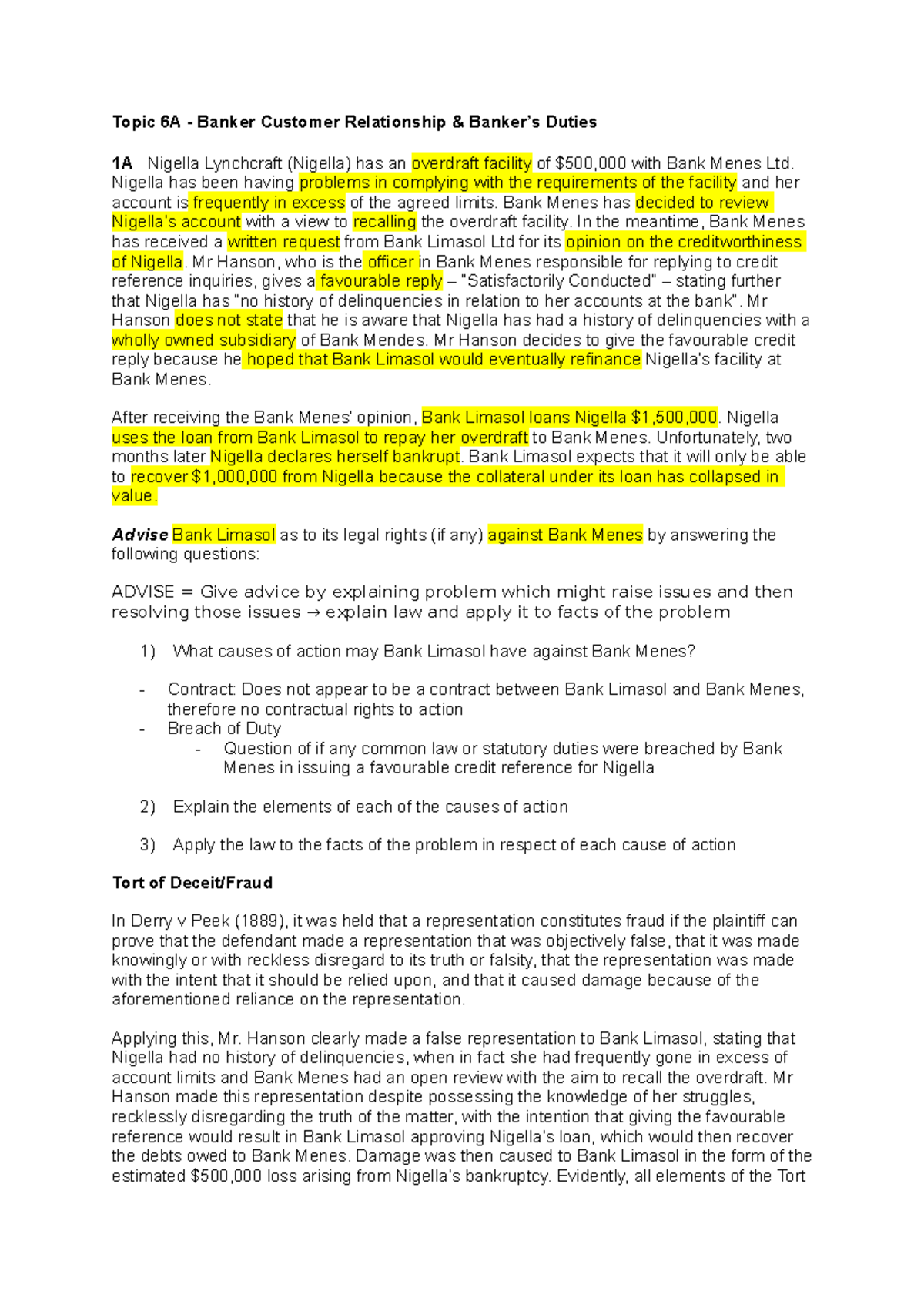 CLAW3210 Problem Questions - Topic 6A - Banker Customer Relationship ...