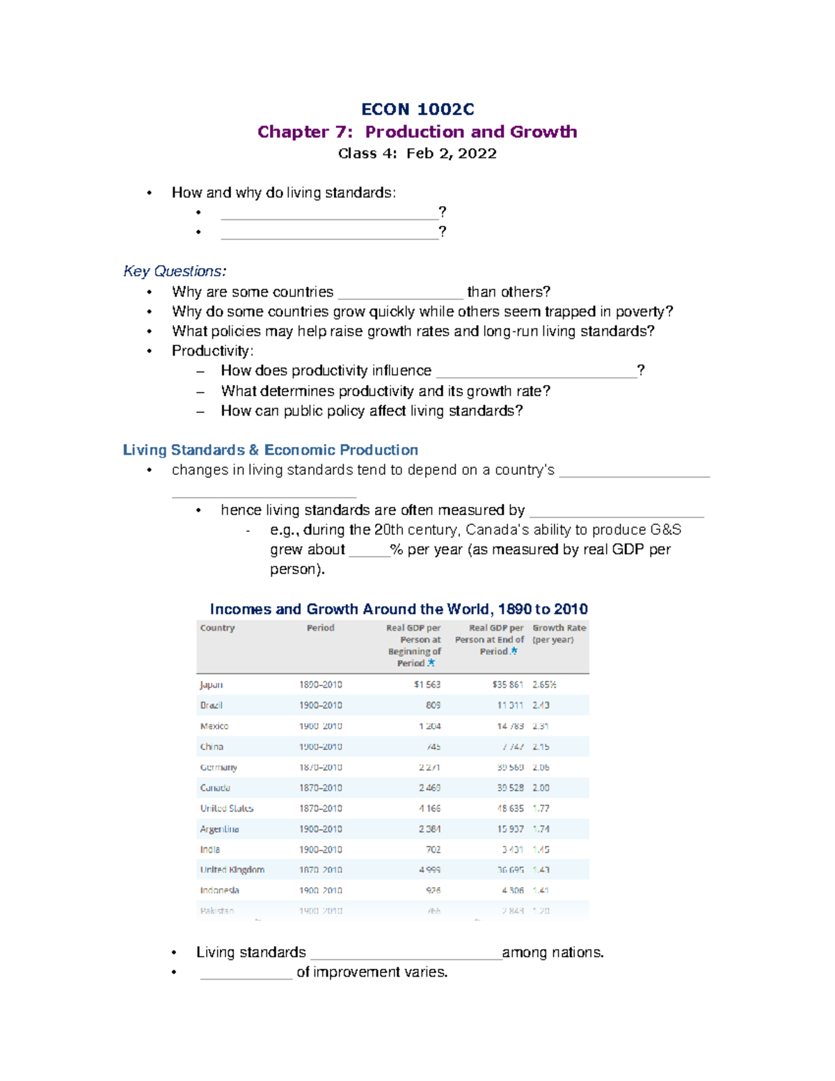 Class 4 Lecture Notes - ECON 1002C Chapter 7: Production and Growth ...