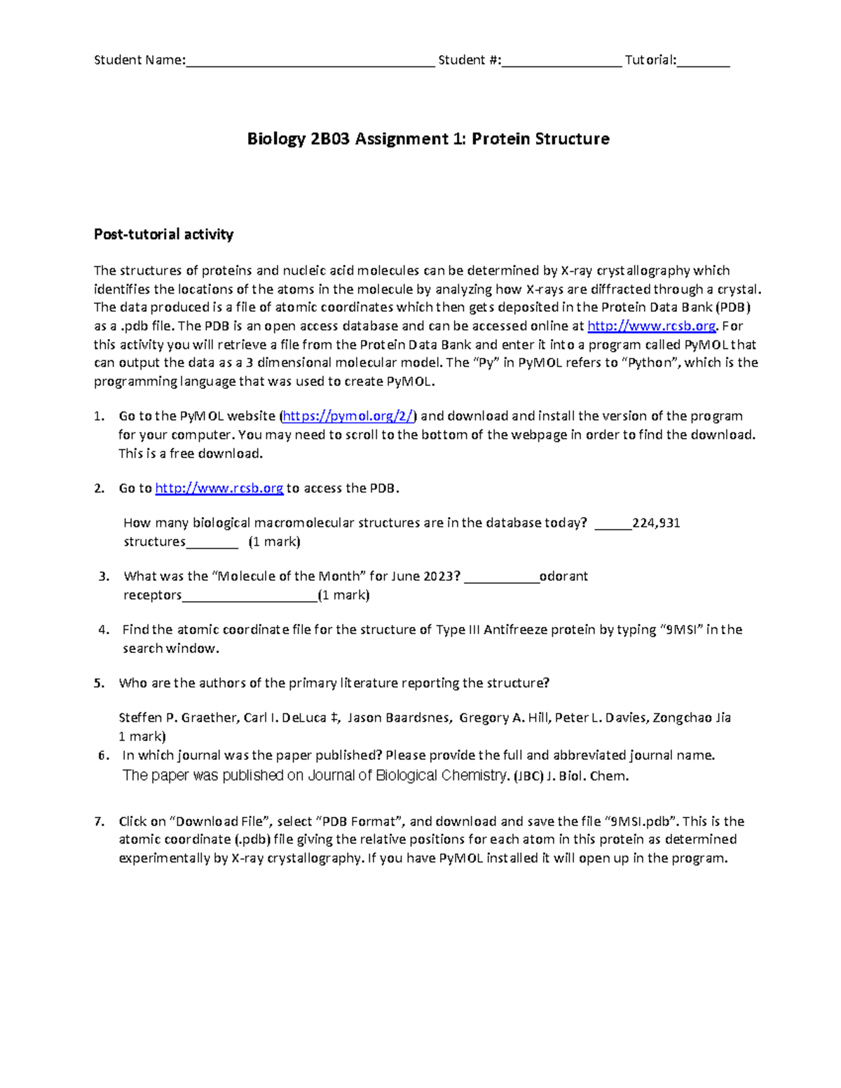 F23 Bio 2B03 Assignment 1 - Protein structure - Biology 2B03 Assignment ...