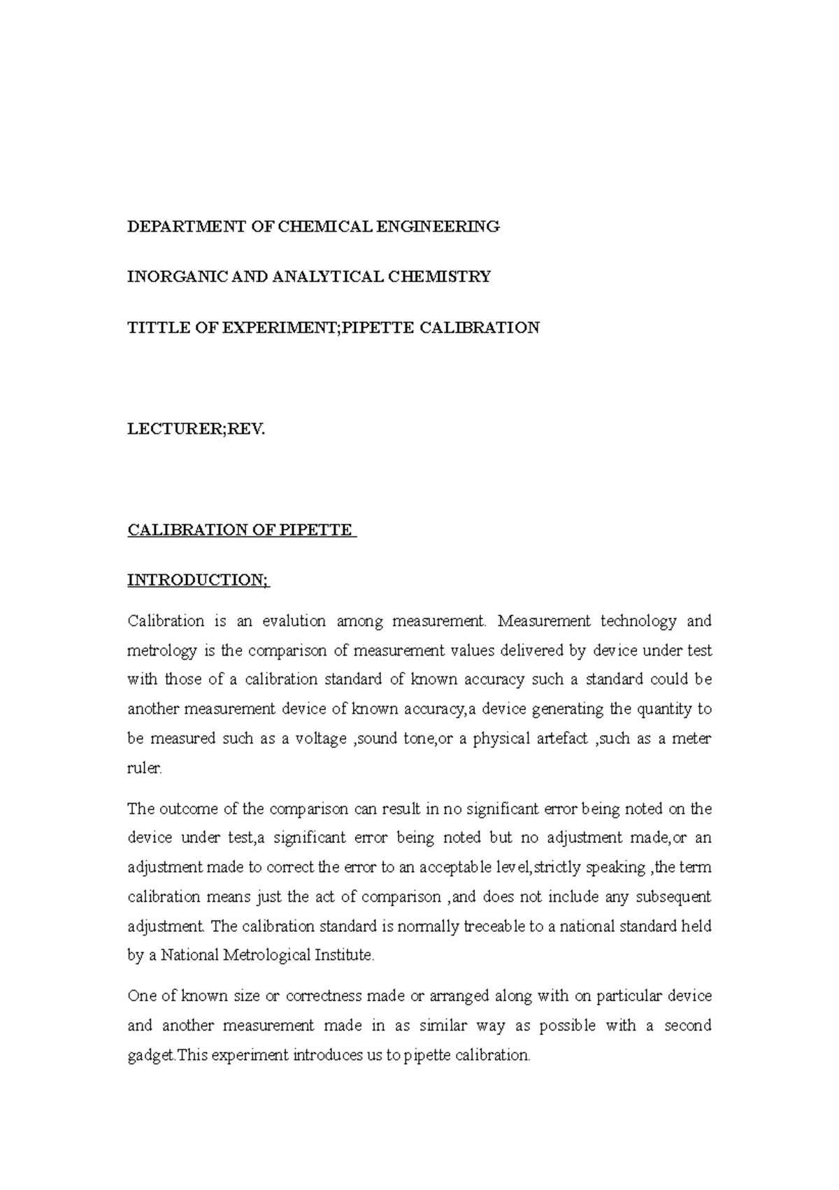 Lab report Calibration DEPARTMENT OF CHEMICAL ENGINEERING