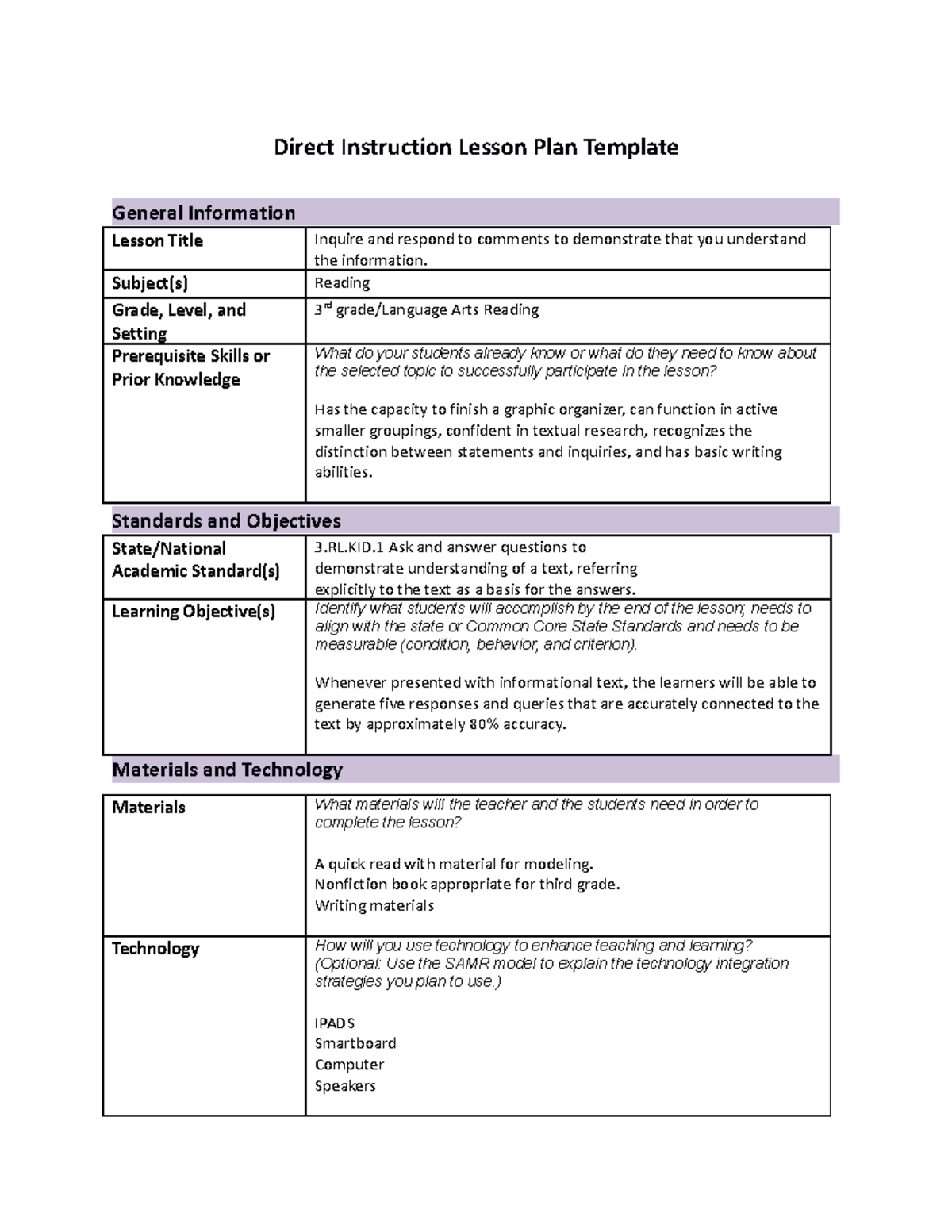 Direct Instruction Lesson Plan Template - Subject(s) Reading Grade 