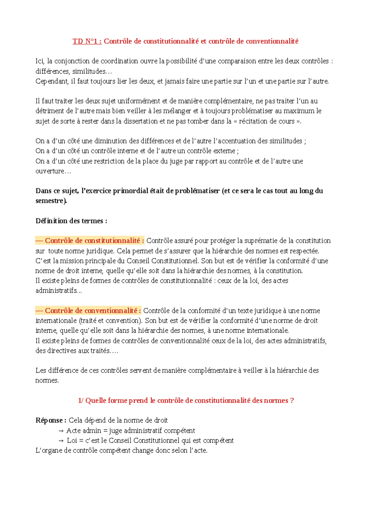 Le Juge Administratif Et La Loi Dissertation TD 1 Contrôle de constitutionnalité et de conventionnalité - TD N°1 :  Contrôle de constitutionnalité - Studocu