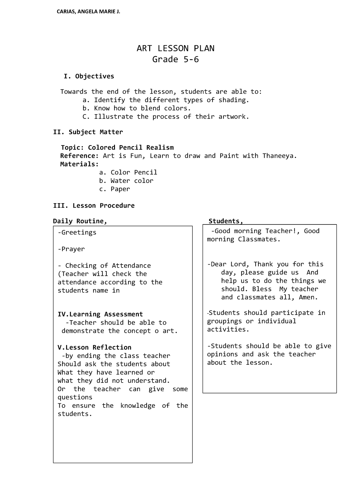 ART- Lesson-PLAN Final - ART LESSON PLAN Grade 5- I. Objectives Towards ...