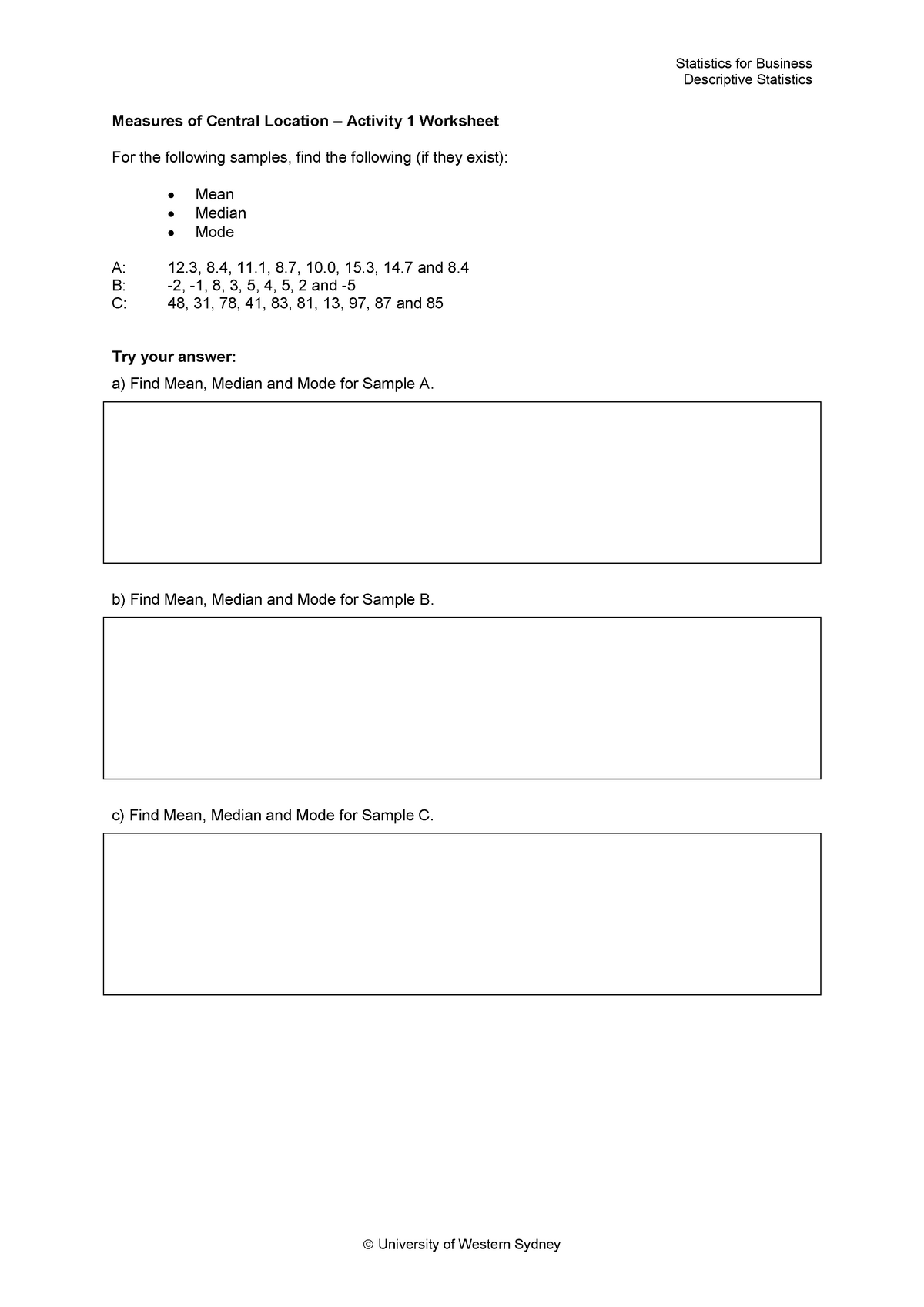 Lecture 2 - Activities - Statistics for Business Descriptive Statistics ...