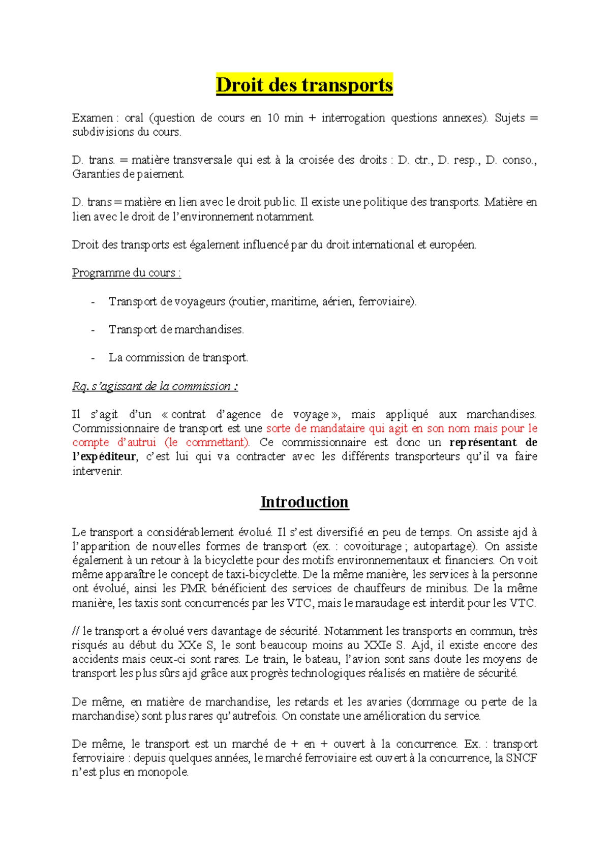 Droit des transports - Droit des transports Examen : oral (question de ...