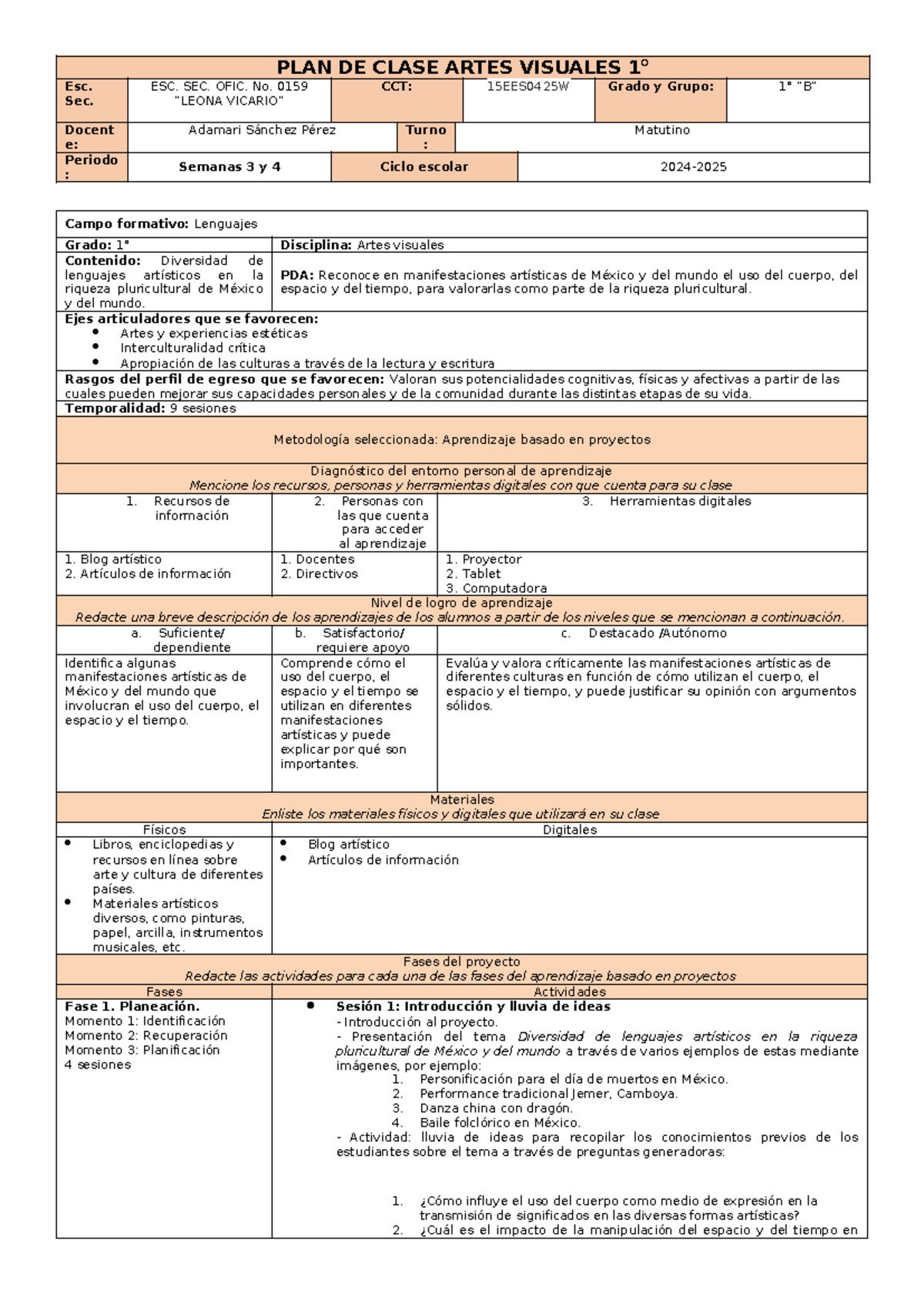 PLAN Artes Visuales Semana 3 Y 4 - PLAN DE CLASE ARTES VISUALES 1° Esc ...