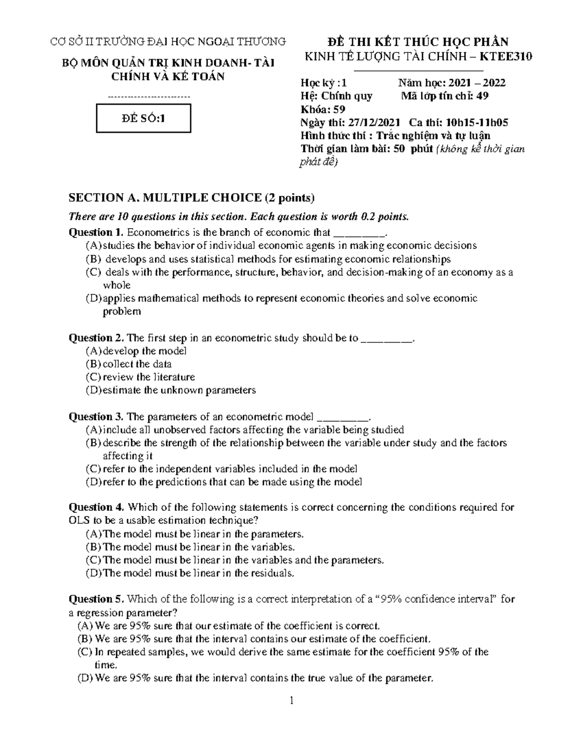 Final exam of econometrics - accounting department - CƠ SỞ II TRƯỜNG ...