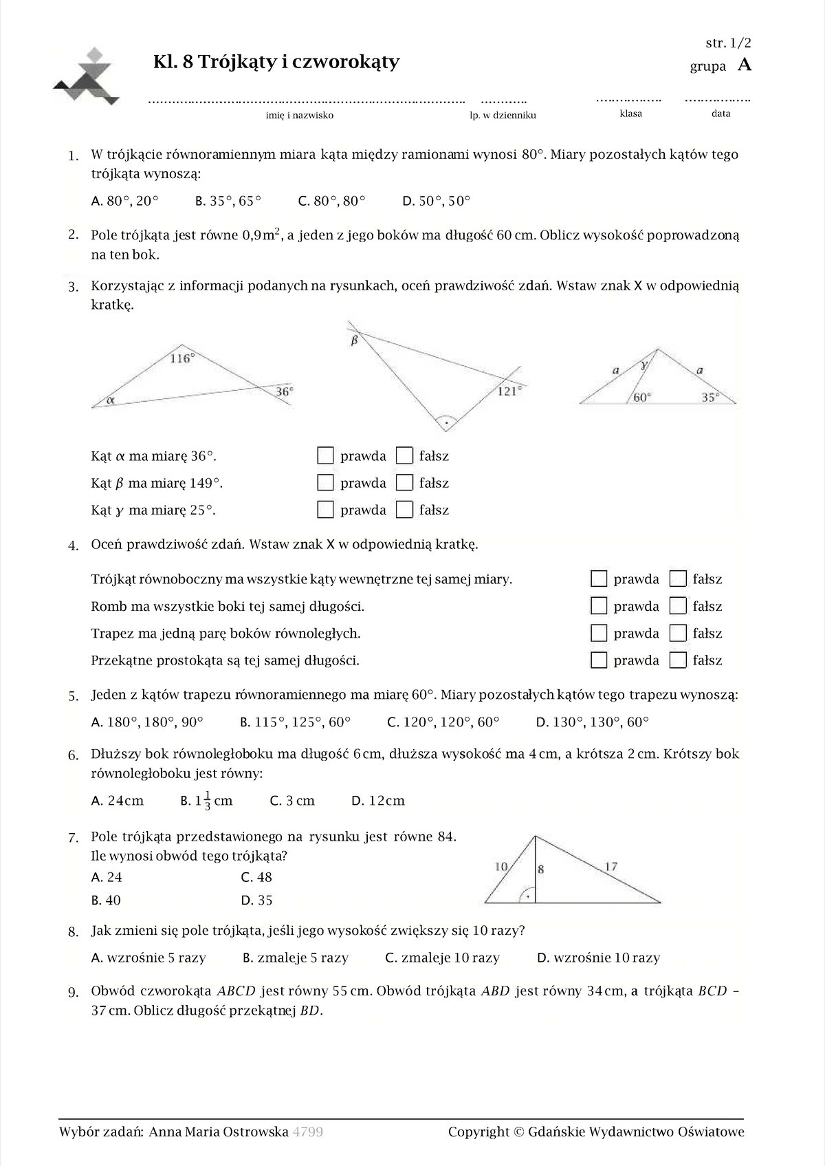 Katy I Trojkaty Sprawdzian Klasa 8 www.studocu.com