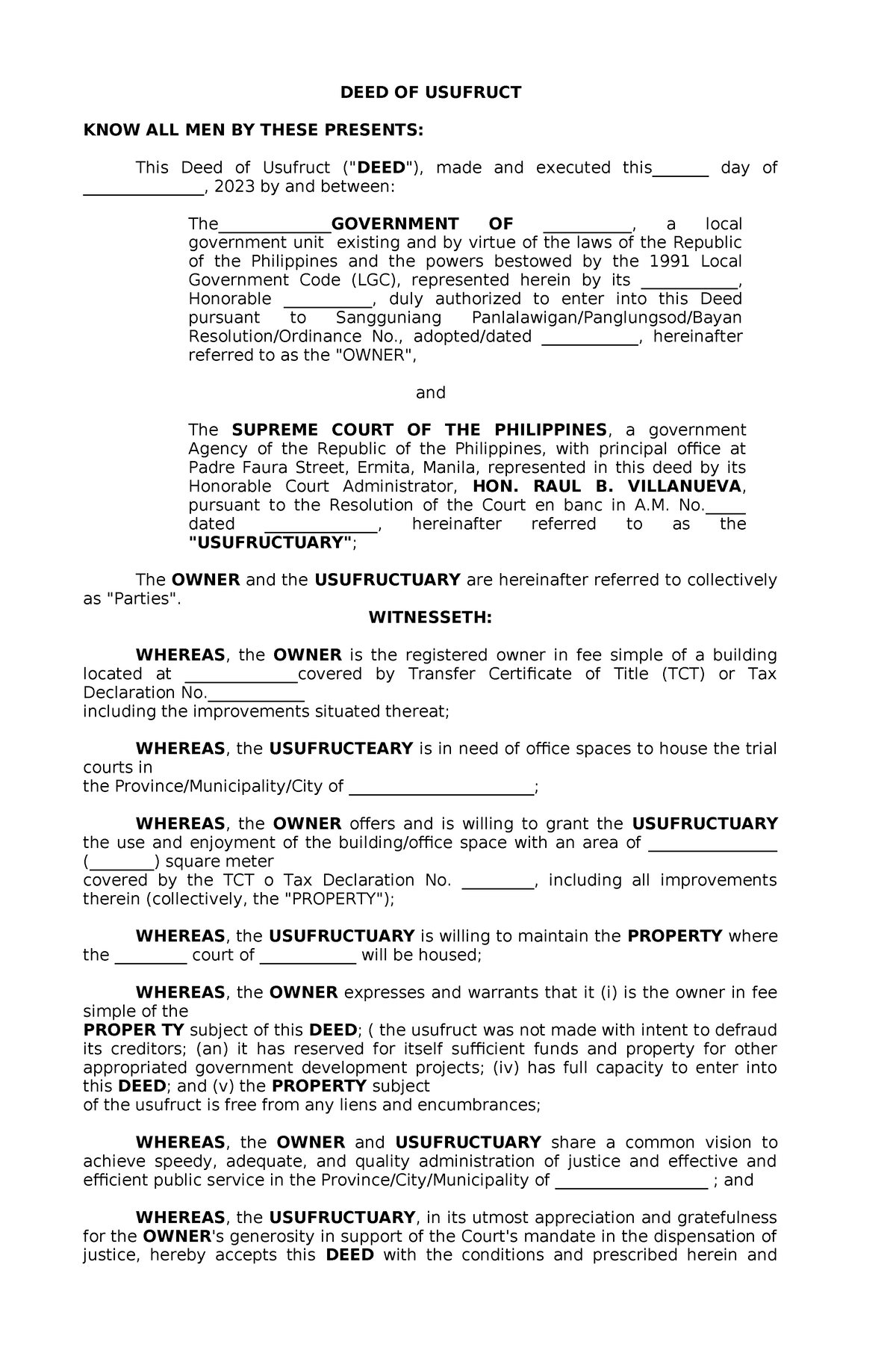 DEED OF Usufruct 2 - Legal Documents - DEED OF USUFRUCT KNOW ALL MEN BY ...