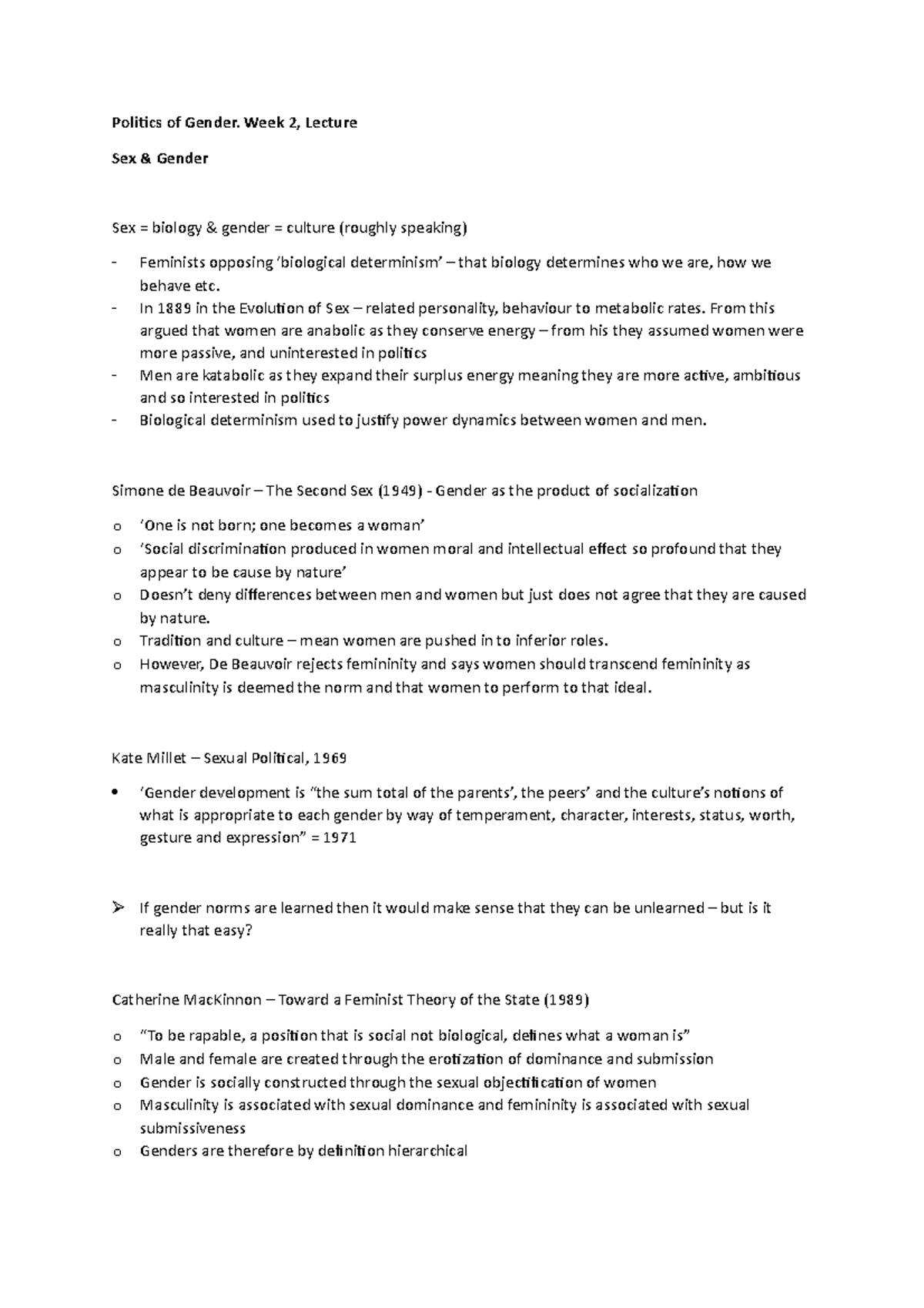 Sex and Gender Lecture Notes - Politics of Gender. Week 2, Lecture Sex ...