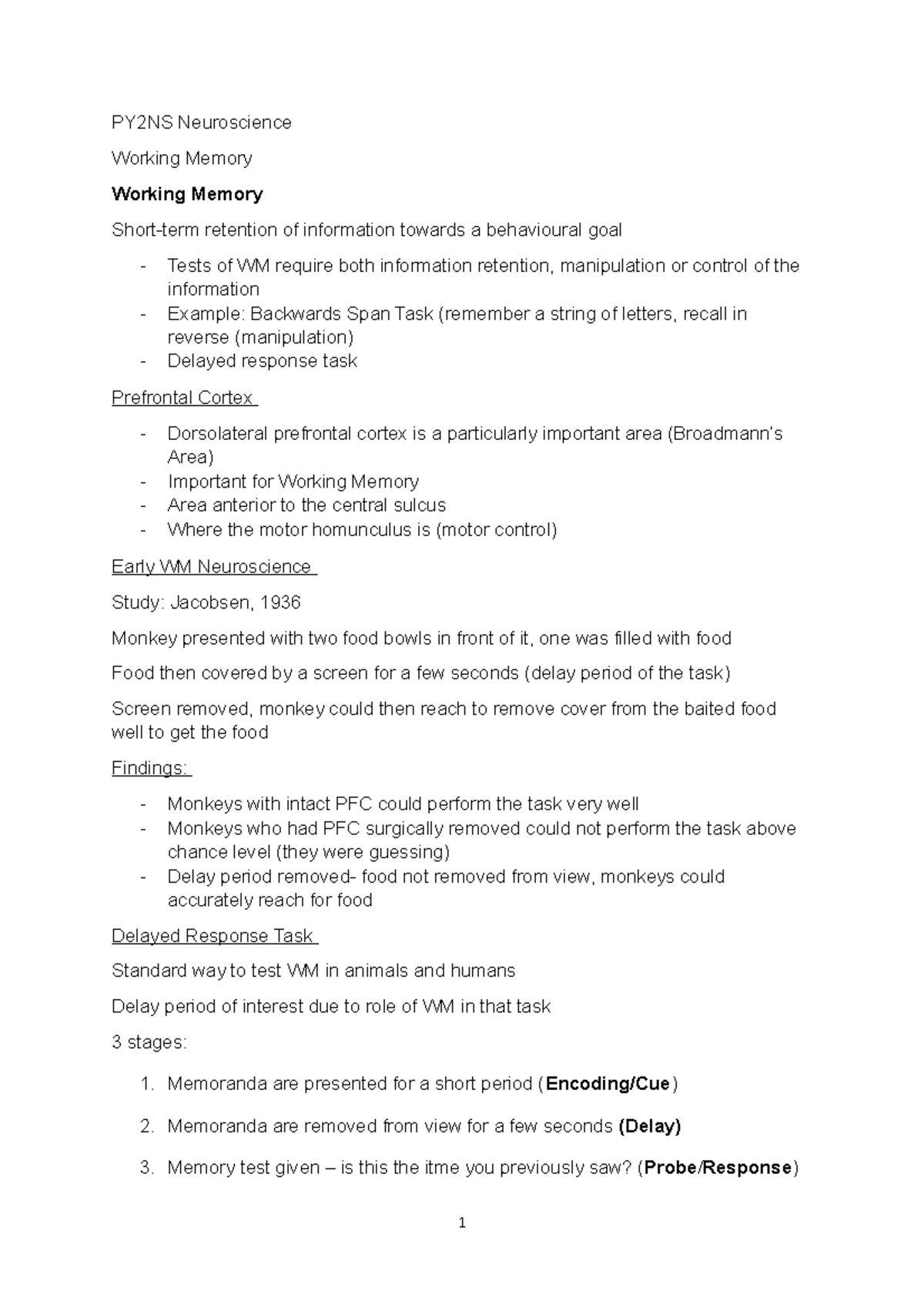 PY2NS 5 Working Memory - Lecture notes 5 - PY2NS Neuroscience Working ...