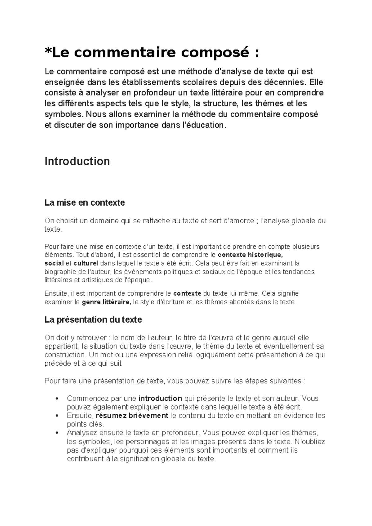 Le commentaire composé - Elle consiste à analyser en profondeur un ...